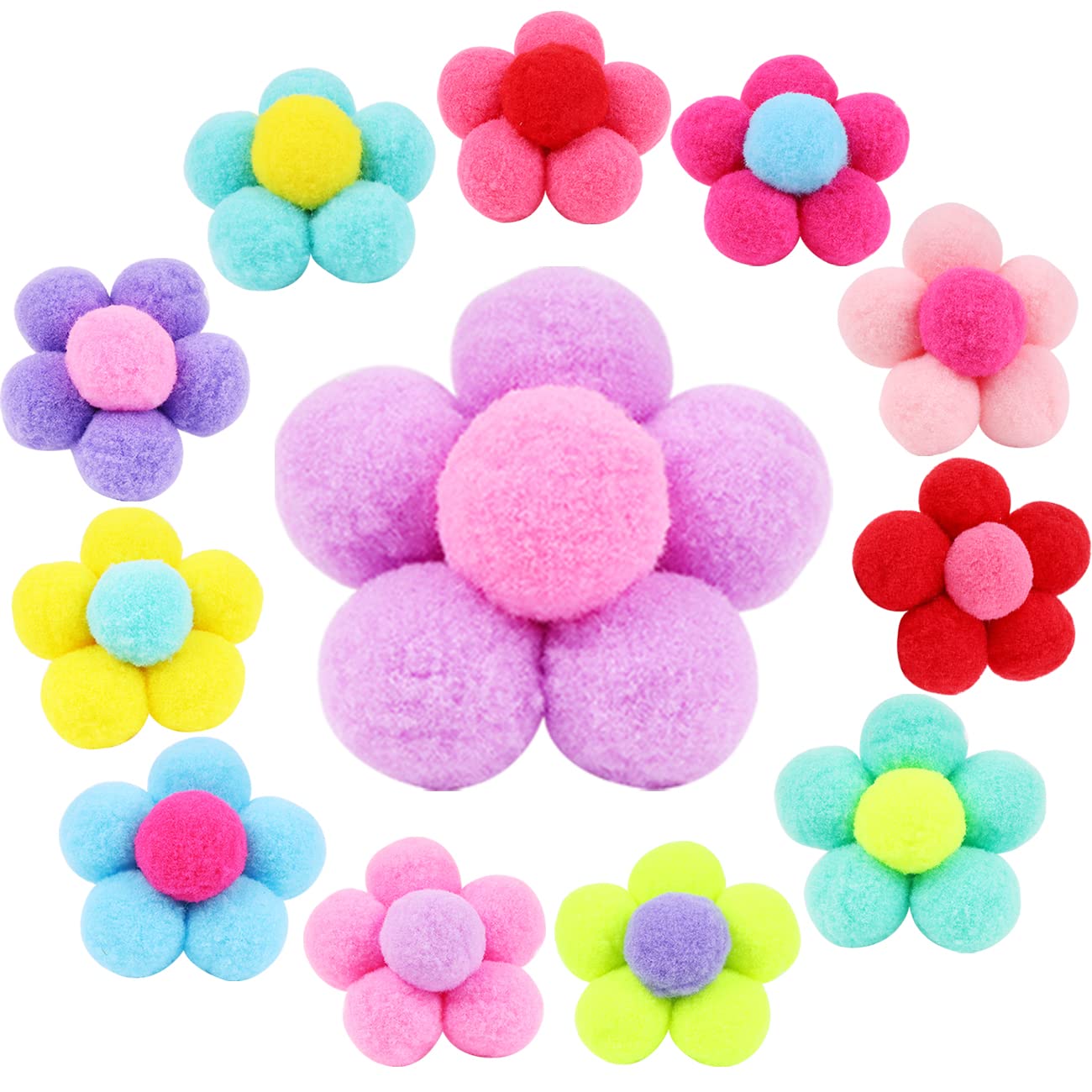 12pcs Girls Elastic Pompom Hair ties Fur Ball Fluffy Ponytail Holders for Women Pom Pom Elastic Flower Hair Ties