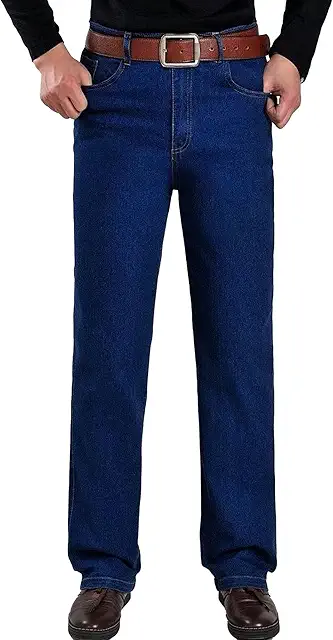Men's Insulated Blue Jeans - Mid-Waist Thick Casual Loose Straight Denim Pants