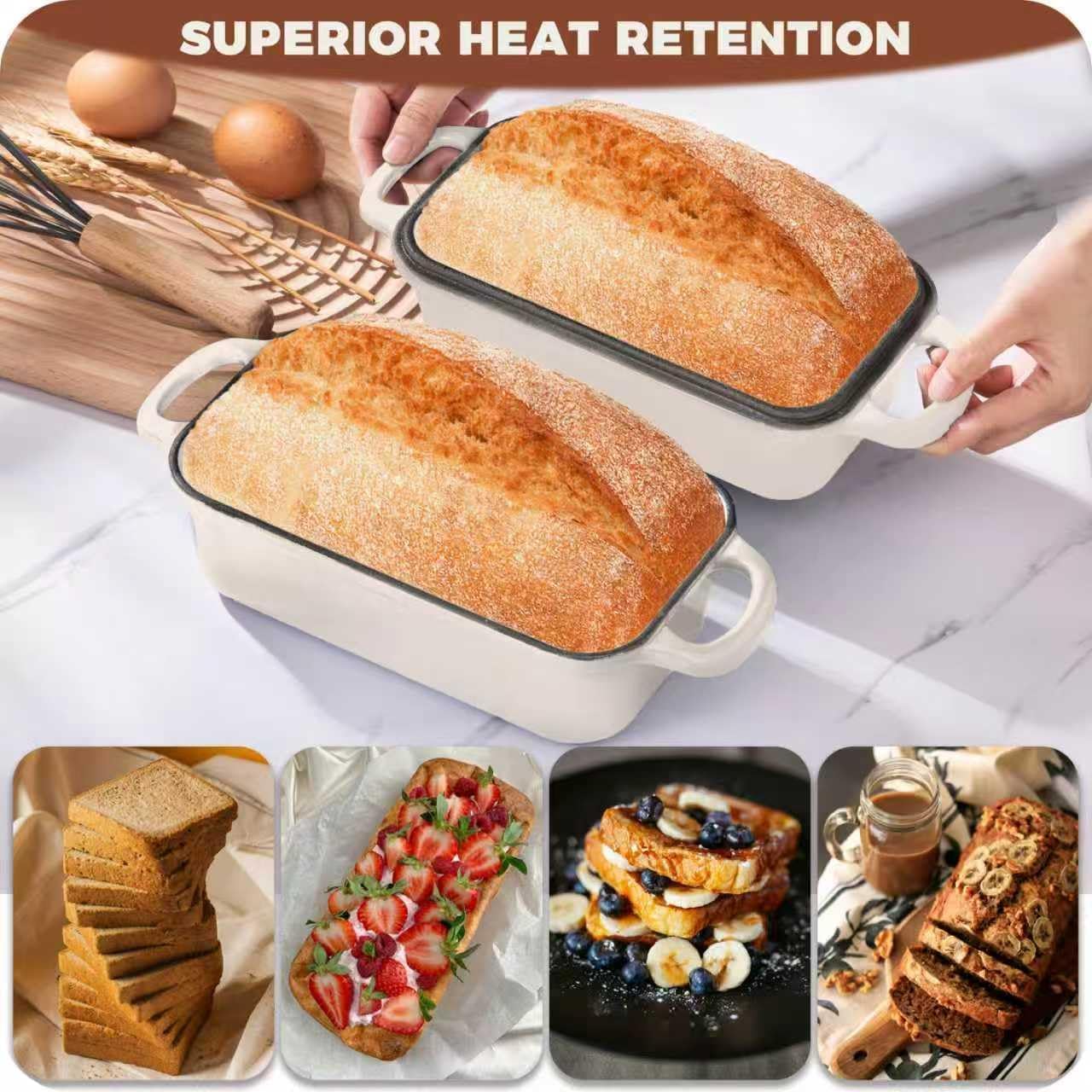 9x5 Inch Cast Iron Loaf Pan with Lid, Large Loaf Pans for Sourdough Bread Baking, Even Heat Distribution Dutch Oven Bread Loaf Pan for Homemade Bread, Meatloaf (4.5Qt, White,)