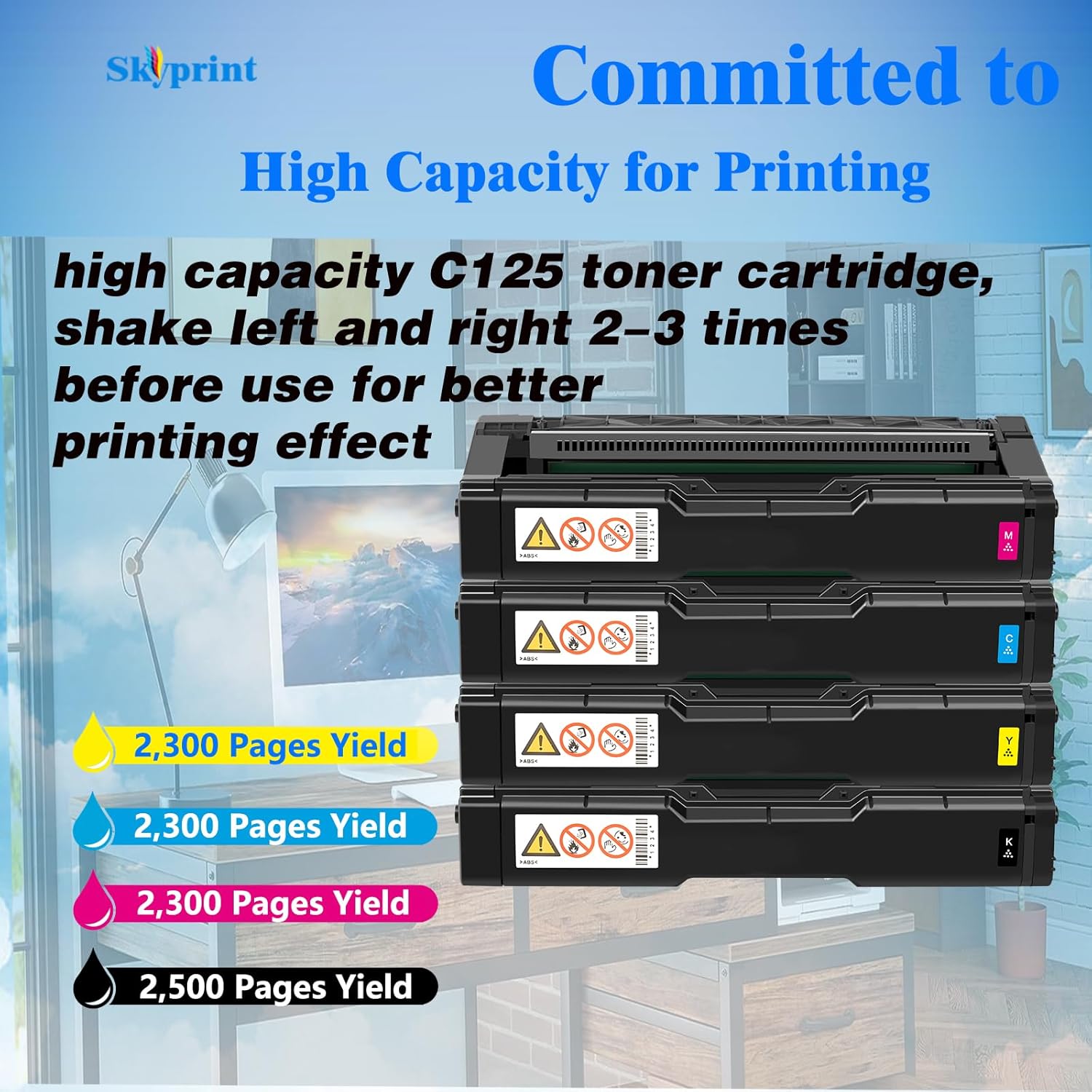 SkyPrint High Capacity C125 Toner Cartridges with Chip Replacement for Ricoh C125P C125MF C125 P C125 MF Printer(4-Pack Black Cyan Magenta Yellow)