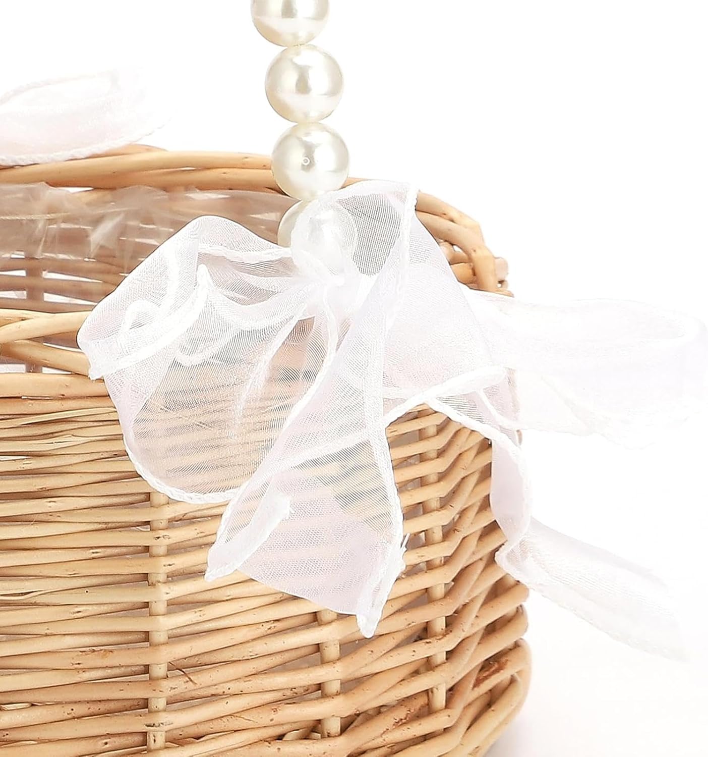 Wicker Flower Girl Basket | Bowknot Wedding Basket with Pearl Handle | Fairy Flower Basket, Handwoven Easter Basket for Wedding Home Decor