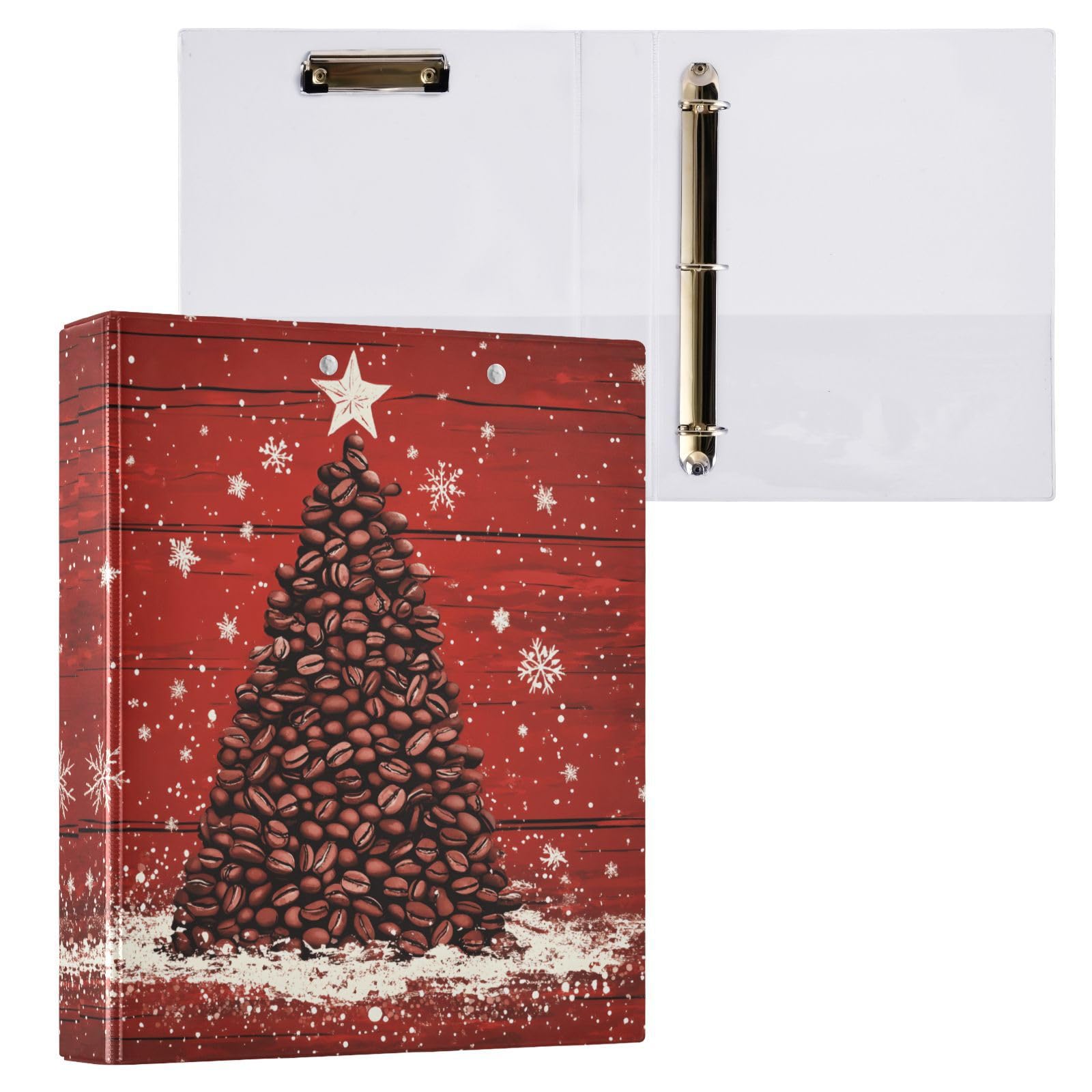 Confezione da 2 raccoglitori a 3 anelli, motivo albero di Natale, chicchi di caffè, 3,8 cm, con 3 tasche trasparenti, portablocco e contiene 200 fogli, per ufficio, scuola, organizzazione