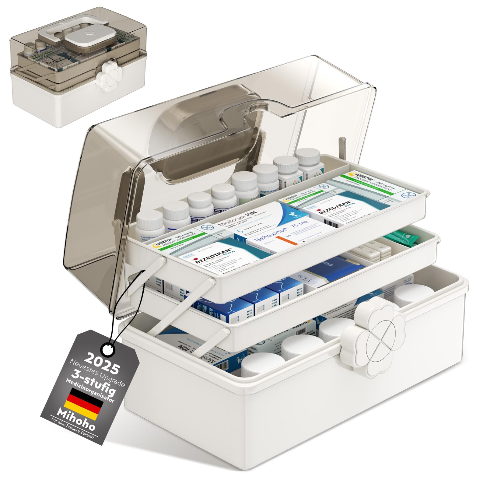 Mihoho Botiquín de 3 niveles, botiquín de 3 estantes, botiquín casero, caja de almacenamiento de medicamentos, botiquín de primeros auxilios, caja de medicamentos, caja de clasificación para