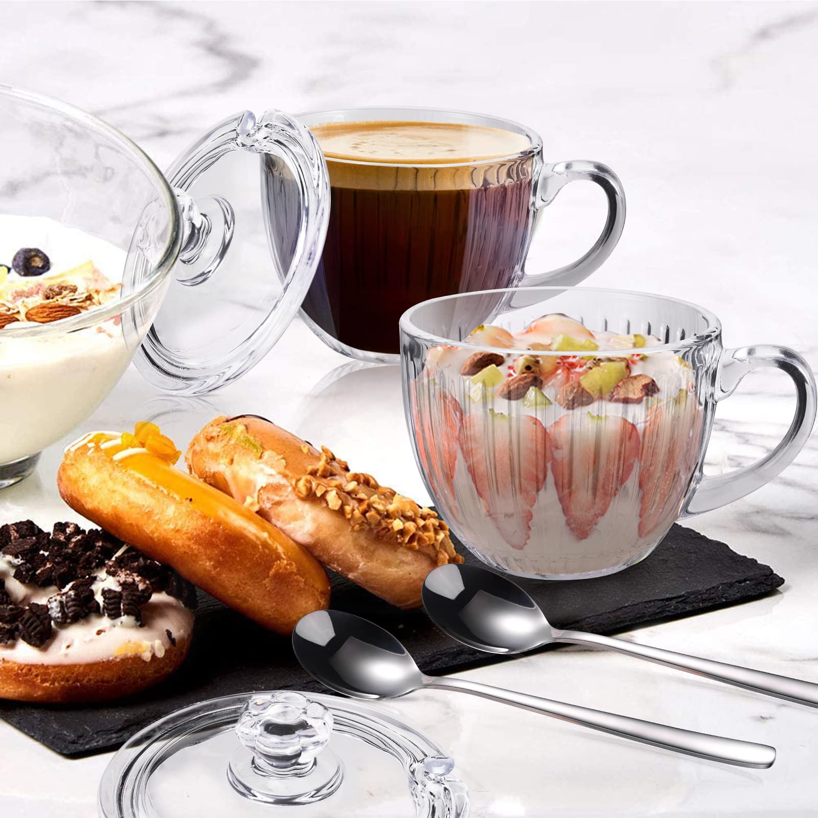 OULOVECO Müslischale aus Glas, transparent, Haferflocken-Schüssel mit Griff, Löffel, transparenter Kaffeebecher mit Deckel, mikrowellengeeignet,