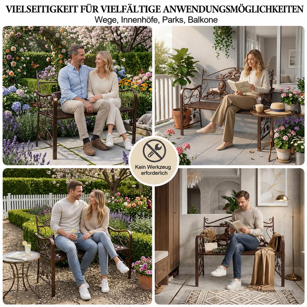 Gartenbank Metall, wetterfeste Parkbank, Ruhebank für 2-3 Personen, Vintage Sitzbank mit Löwen-Design und Rücken- & Armlehnen, für Garten, Balkon, Terrasse, Veranda & Hof – einfache Montage