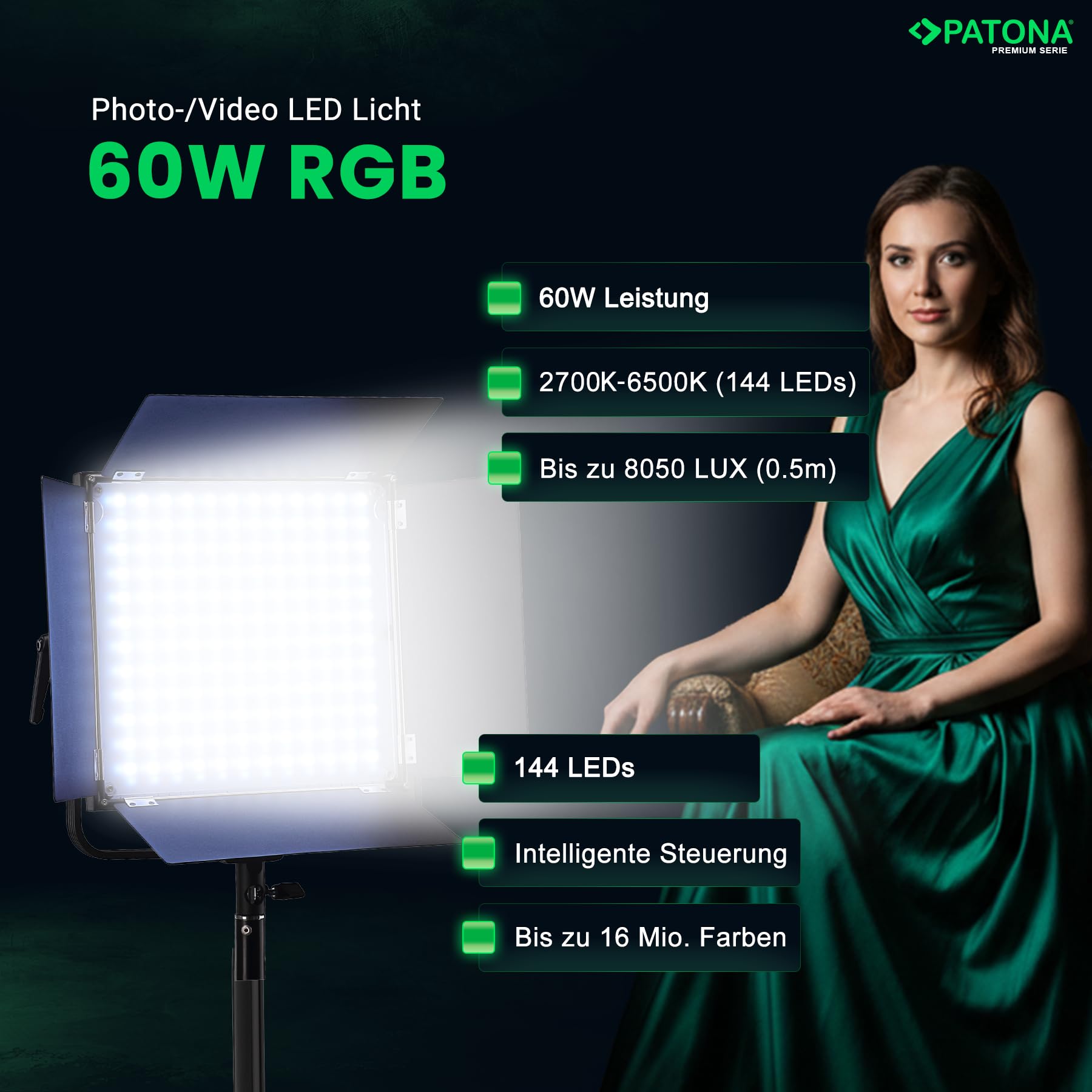 PATONA Premium LED - Luz de vídeo profesional para fotografía (60 W, RGB, COB LED, efectos especiales, pantalla, temperatura de color CCT 2700 K – 10000 K, luz blanca cálida/fría, 16 millones de