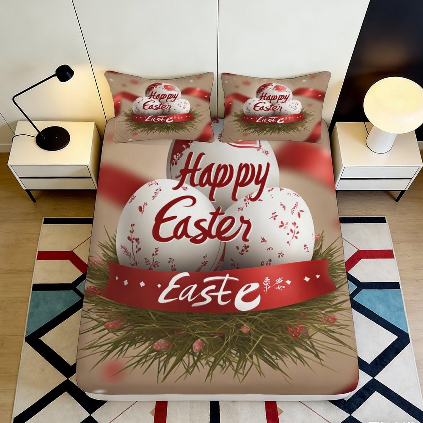 3D Printed Easter Egg Fitted Sheet Microfiber Deep Pocket Non-Slip Bedroom Bedding Easter Mattress Fitted Cover for Adults 180x200x25cm