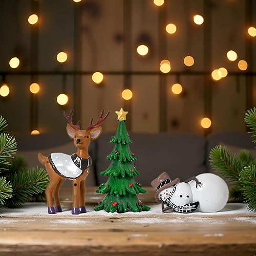 Miniatura 2 de Smile - Decoración navideña para interiores, juego de 3 figuras pequeñas de resina, muñeco de nieve, árbol de Navidad y reno, decoración navideña