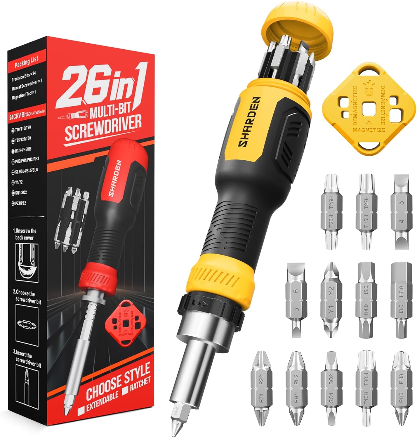 SHARDEN 26-in-1 Ratcheting Screwdriver Set Multi Ratchet Screwdriver Multi Screwdriver Tool Kit with 12 Double Ended CRV Bits Phillips Slotted Torx Hex Portable Tool for Home Bike Computer Repair