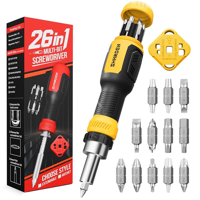 Kit de Chave de Fenda com Catraca Sharden 26 em 1 com Bits CRV, Cabo Amarelo