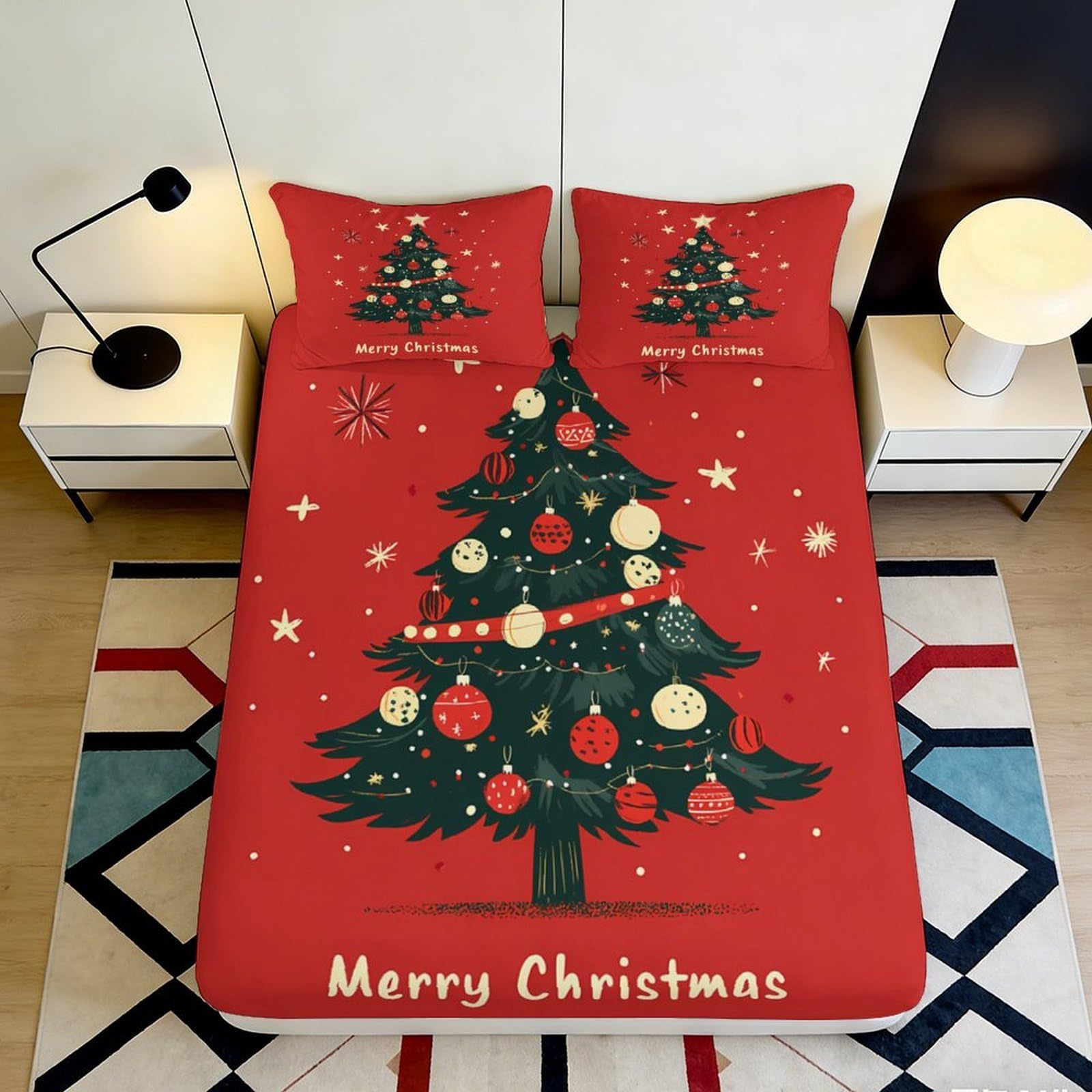 3D Printed Christmas Tree Red Fitted Sheet Microfiber Soft Decorative Snowflake Bed Cover for Bedroom Guest Room 120x200x25cm