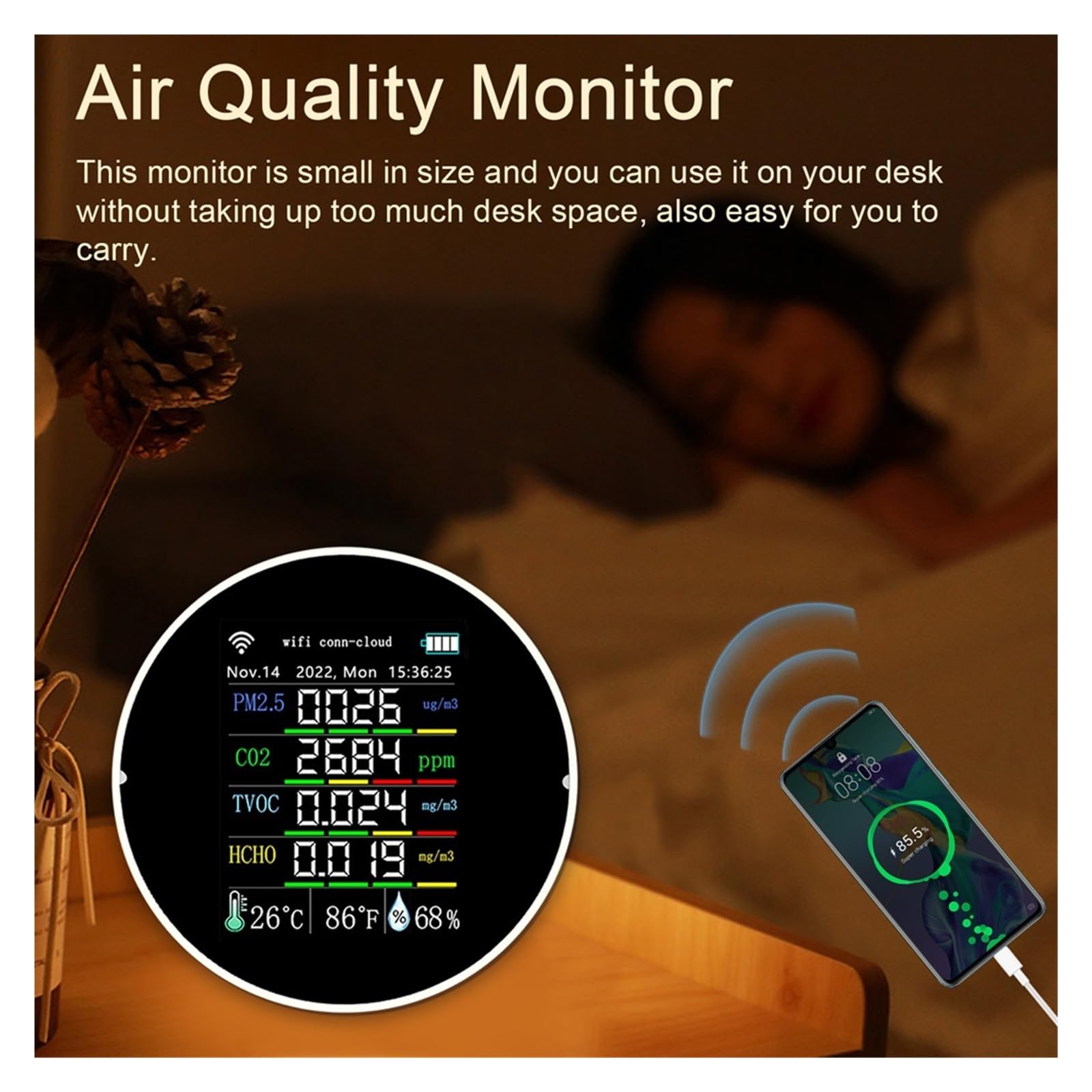 Misuratore di qualità 'aria 7in1 PM2.5 CO2 TVOC HCHO Tester umidità a temperatura Controllo APP con funzione allarme calendario,Alta Precisione