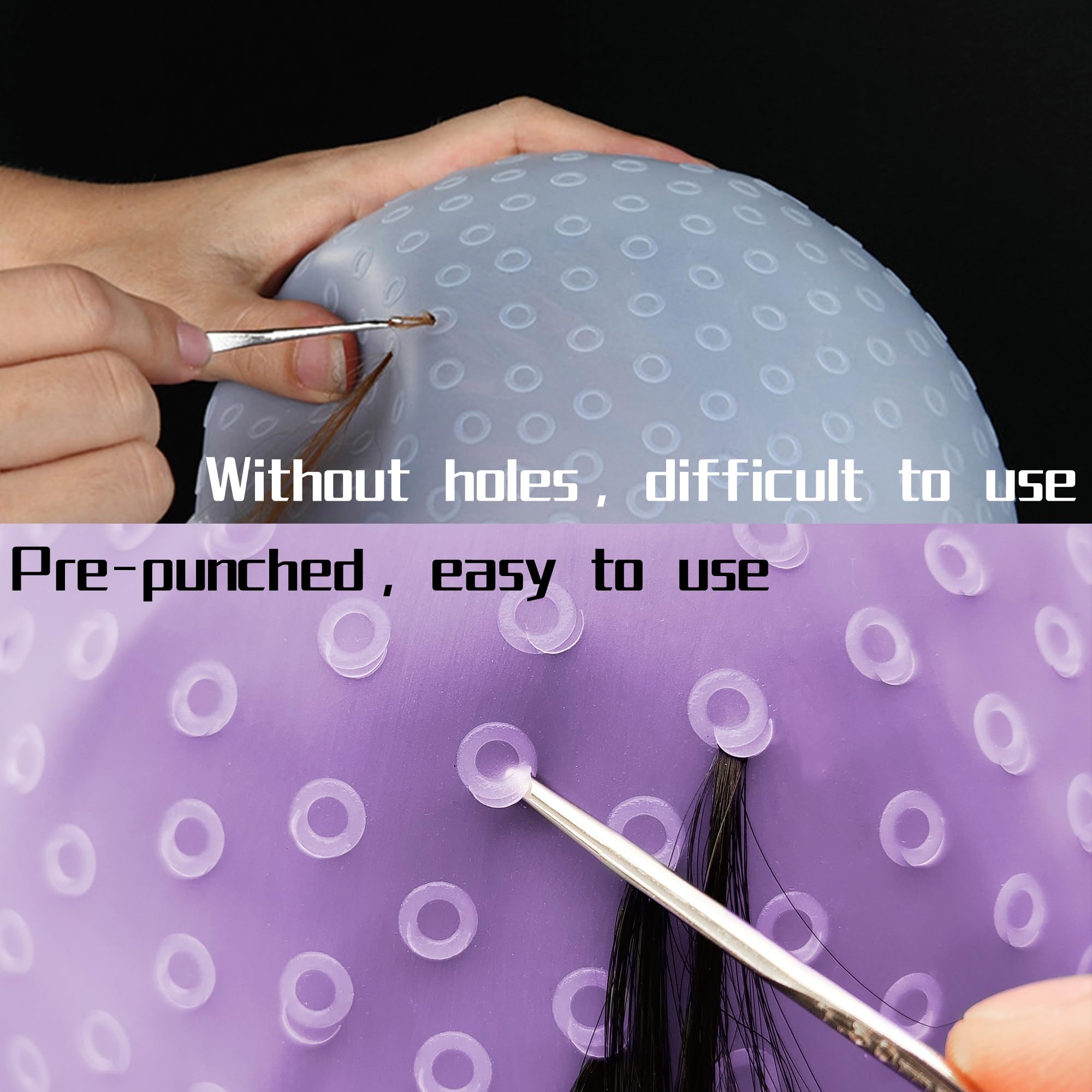 Cuffia per capelli in silicone con foro perforato con ago e pennello per colorare i capelli, cuffia per evidenziare le striature, tappo per evidenziare, per parrucchieri, strumenti professionali per
