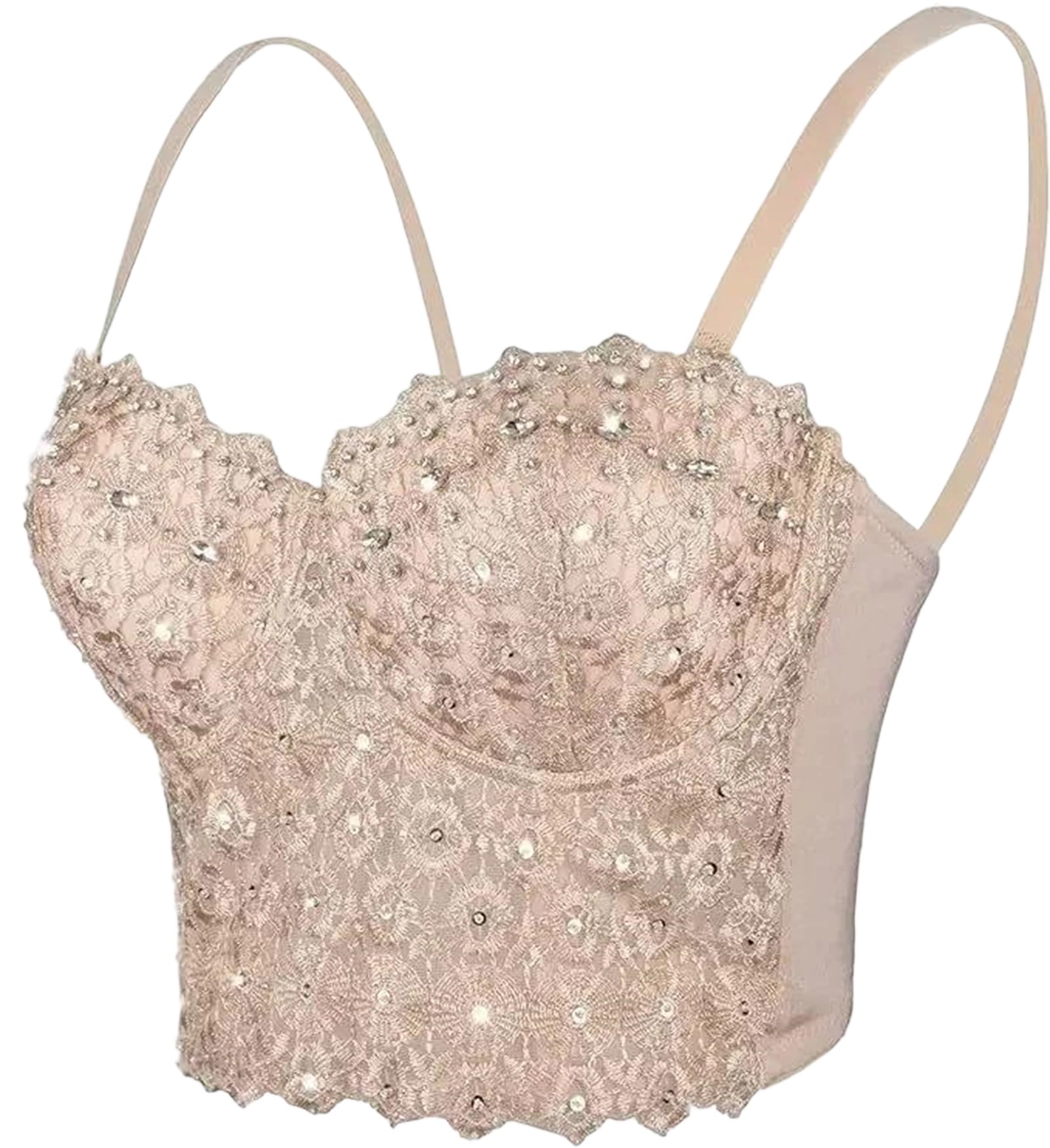 Yeuyyben Top corto de encaje con hombros descubiertos y diamantes de imitación para mujer, corte ajustado, sin mangas, para verano, casual, elegante, Piel, M