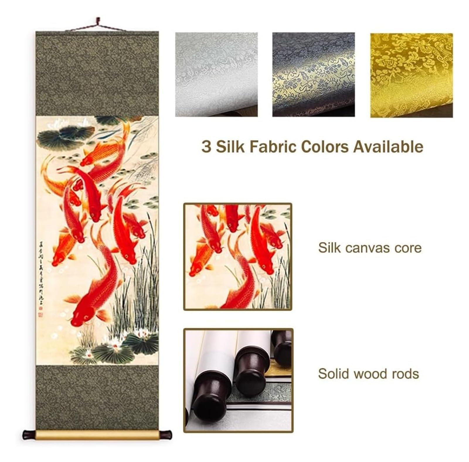Chiński obraz z dziewięcioma rybami, ręcznie robiona sztuka wisząca na jedwabiu, orientalny mural Feng Shui, pomysł na kreatywny prezent(Creamy White A,50L x 158W cm)