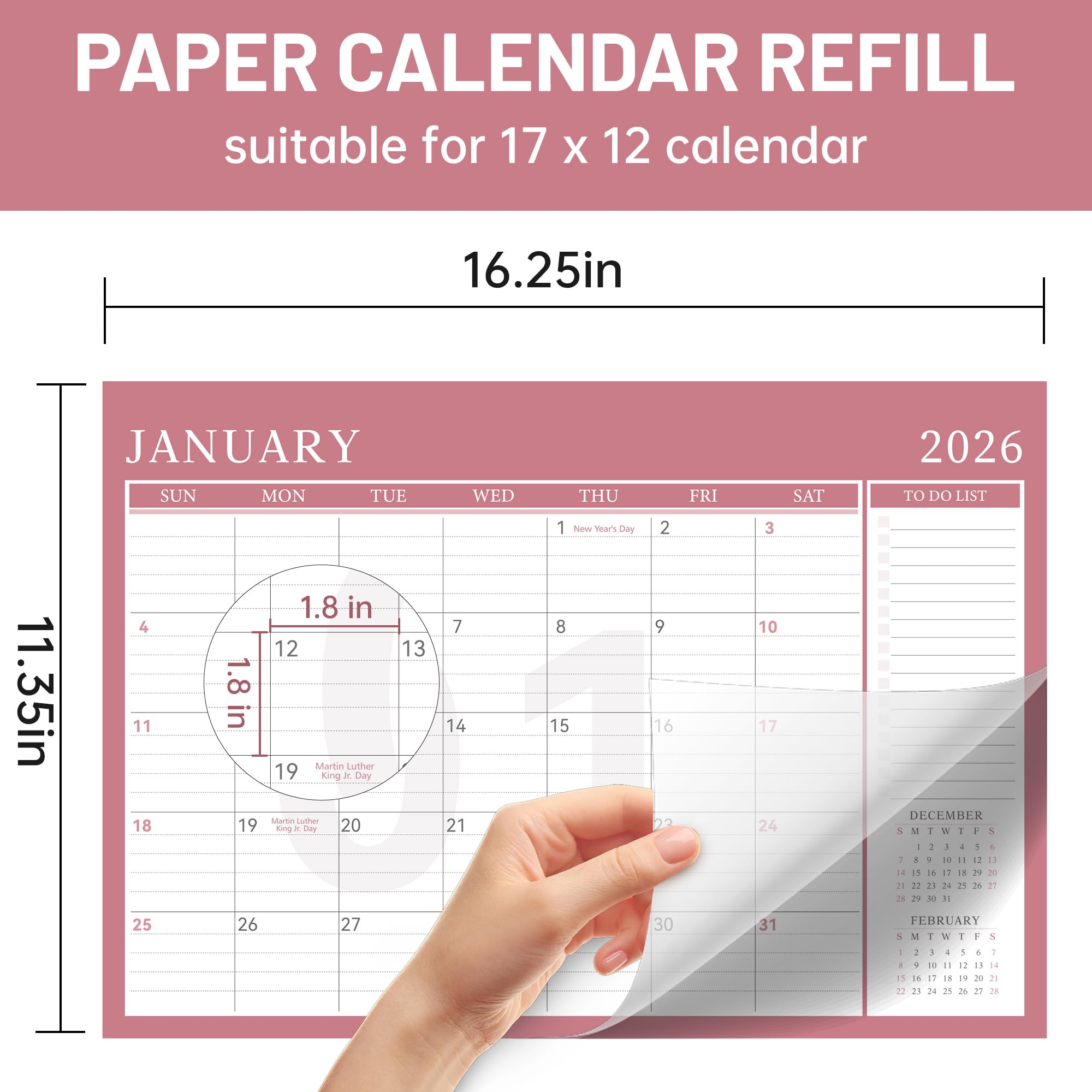 Yoment Recharge pour calendrier 2026-2027 (janvier 2026 à décembre 2027) Grand agenda mensuel 43,2 x 30,5 cm avec housse de protection 18 mois Rose