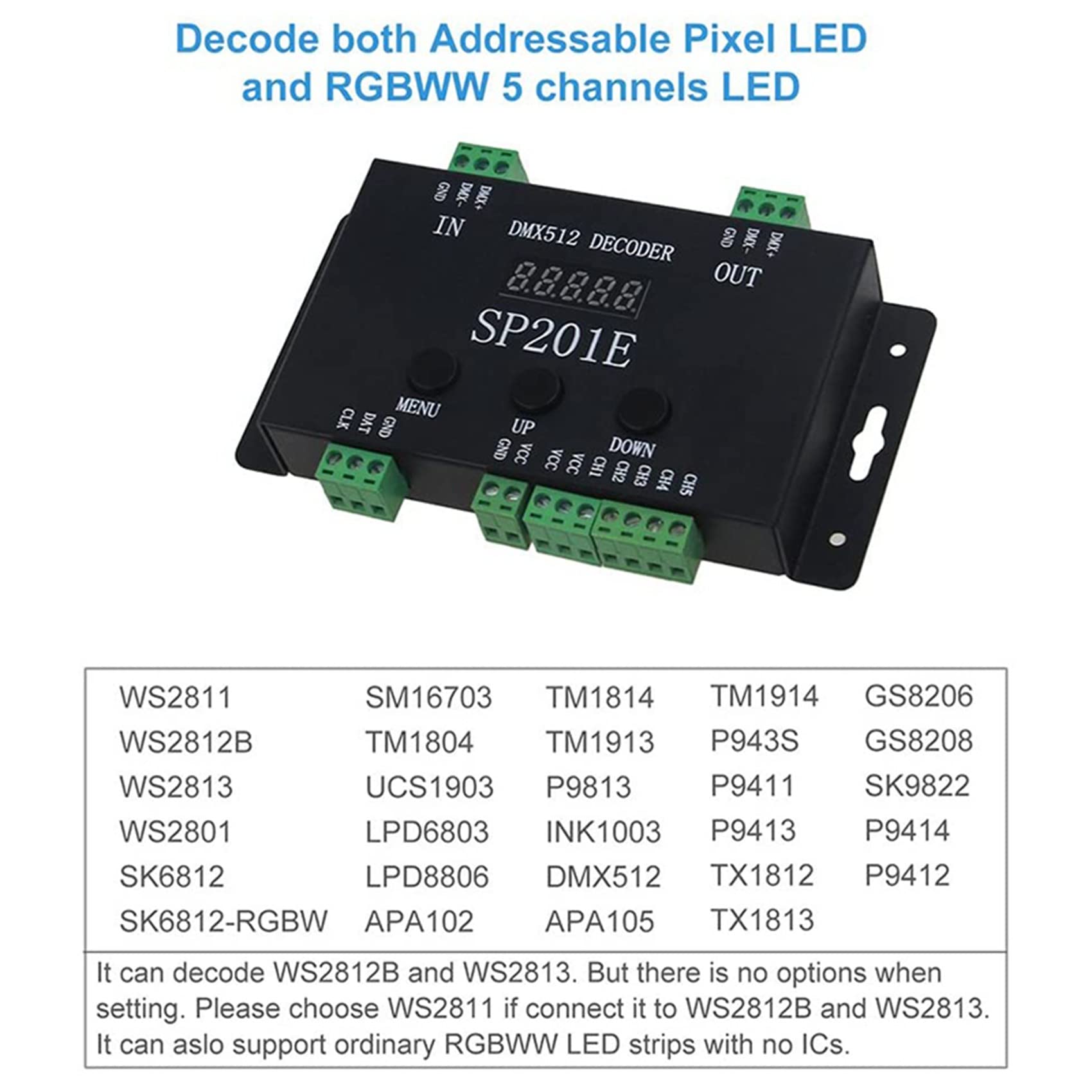 2 decodificadores SP201E DMX512 WS2812B WS2811 a SPI, compatible con múltiples ICs