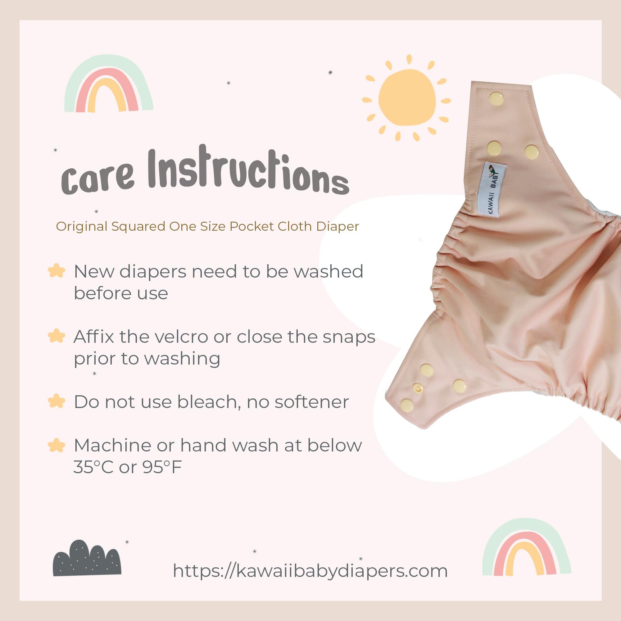 KaWaii Baby Essential Start-Up Pack - 3 One Size Cloth Diapers, 6 Premium Inserts, 100-Count Diaper Liner, Waterproof Reusable Diaper Newborn Thru Potty Trained