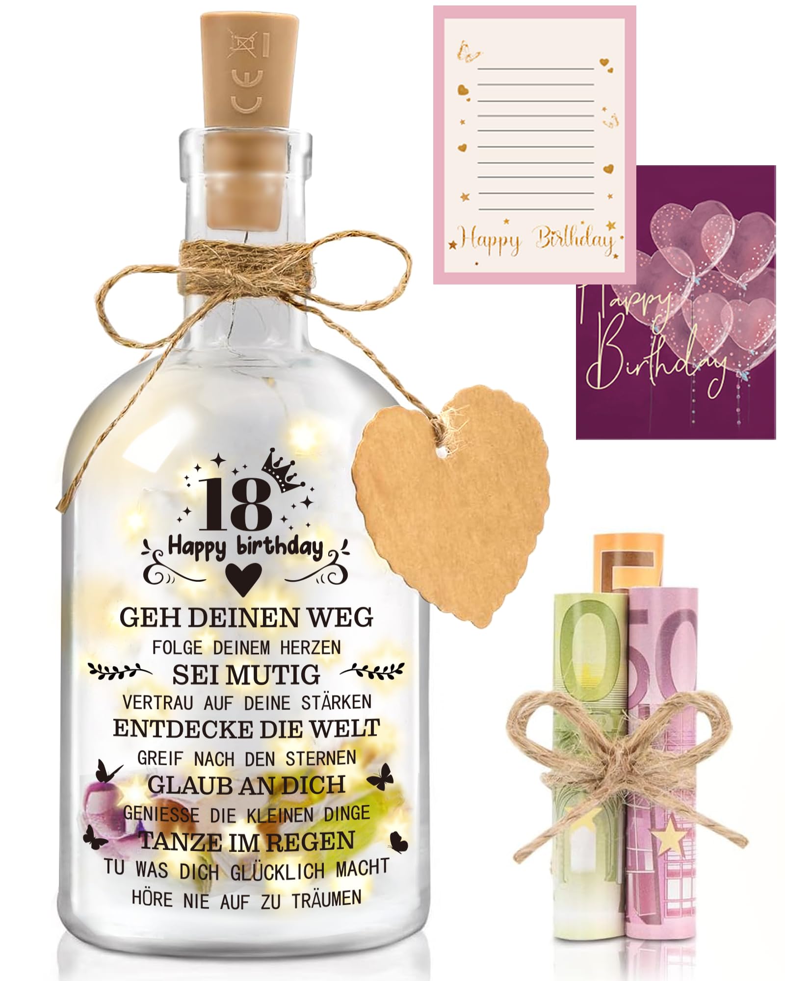Geldgeschenk 18 Geburtstag Mädchen Junge, LED Flaschenlicht, Geldgeschenke Verpackung Geburtstag, 18. Geburtstag für Mädchen Junge Mann Frau Beste Freundin Schwester Familie
