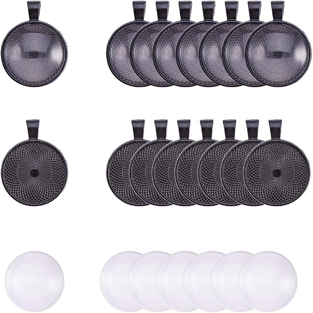 PandaHall Elite 30 Sets Round Alloy Blank Bezel Pendant Trays with Transparent Glass Cabochon Settings for Cameo Photo Necklace Jewellery Making, 25mm Diameter (Black)
