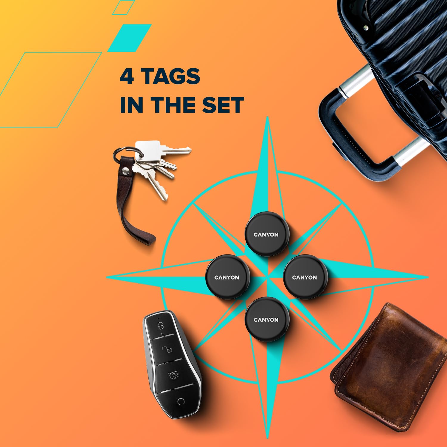 CANYON Smart Tag OnTag 1 Lot de 4 trackers d'articles Bluetooth, certifié Apple Find My, compatible iOS 14.5+, étanche IP66, noir