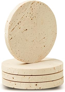 Marble Coasters Set of 4 Beige Travertine Bar Coasters for Drinks, Coffee Stone Holder for Home Decor, Housewarming Gifts Round