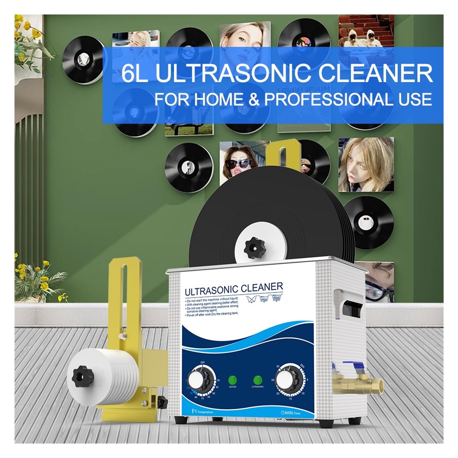 Ultraschallreiniger, Professioneller Ultraschallreiniger for Schallplatten, LP-Waschmaschine, Bad, 6 l, 180 W, Timer und Heizung mit Motorhalterungswerkzeugen,Kraftvolle Reinigungswirkung