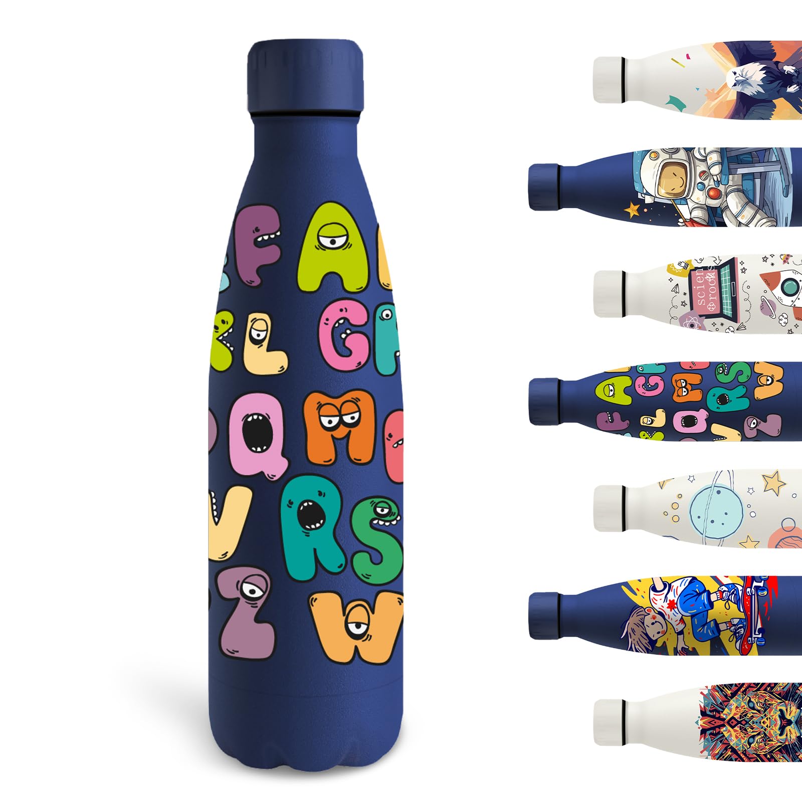 Grsta 500ml Trinkflasche Edelstahl, Trinkflasche Kinder für Kohlensäurehaltige Getränke, Thermosflasche Personalisiert mit Buchstaben, Wasserflasche für Schule, Camping, Running, Blau