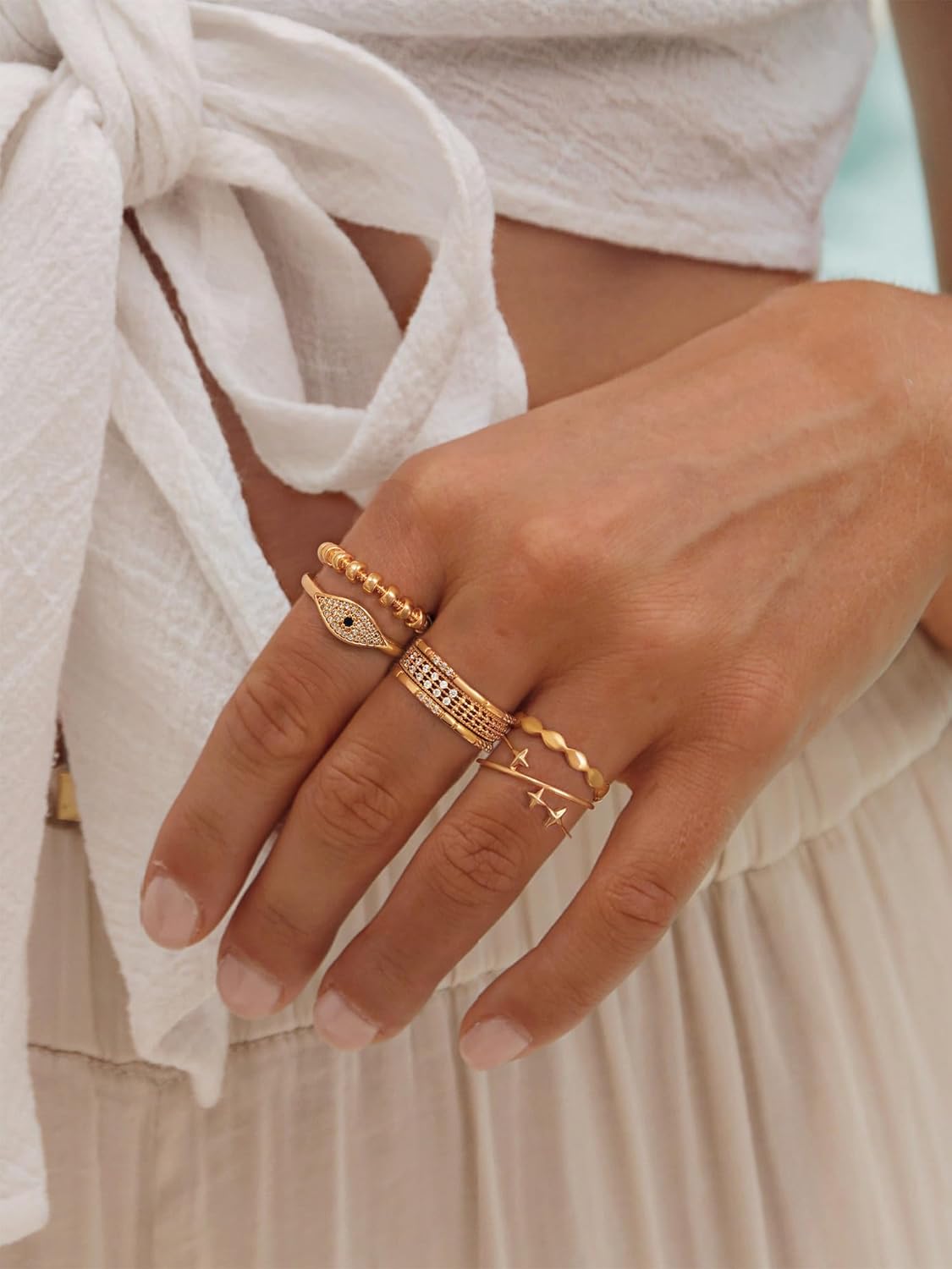 Gold Star Ring for Women Criss Cross Double Rings Crossover 14K Gold Plated Minimalist Stack Thin Band Open Finger Jewelry Size 7 - Image 2