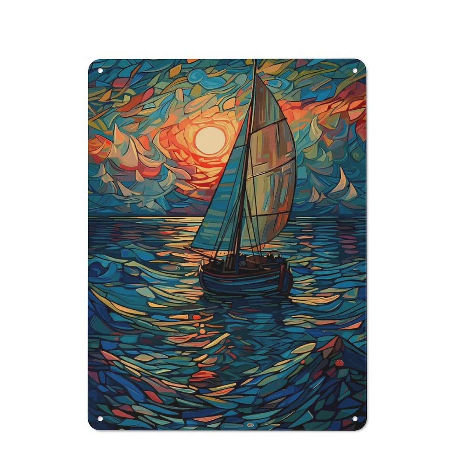 Junmoney Sailboat At Sunset, Stained Glass Style Vintage Tin Sign 40X30cm With For Living Room Or Hallway, For Living Room Decor Lovers