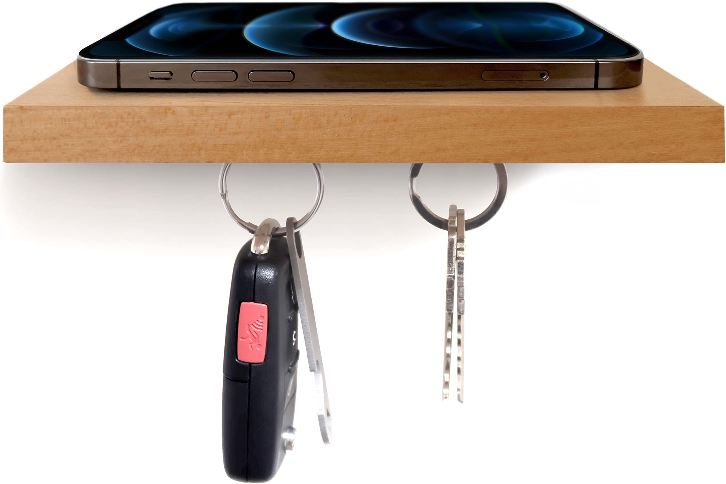 Plank Floating Wood Shelf with a Magnetic Underside for Phone and Keys - Natural