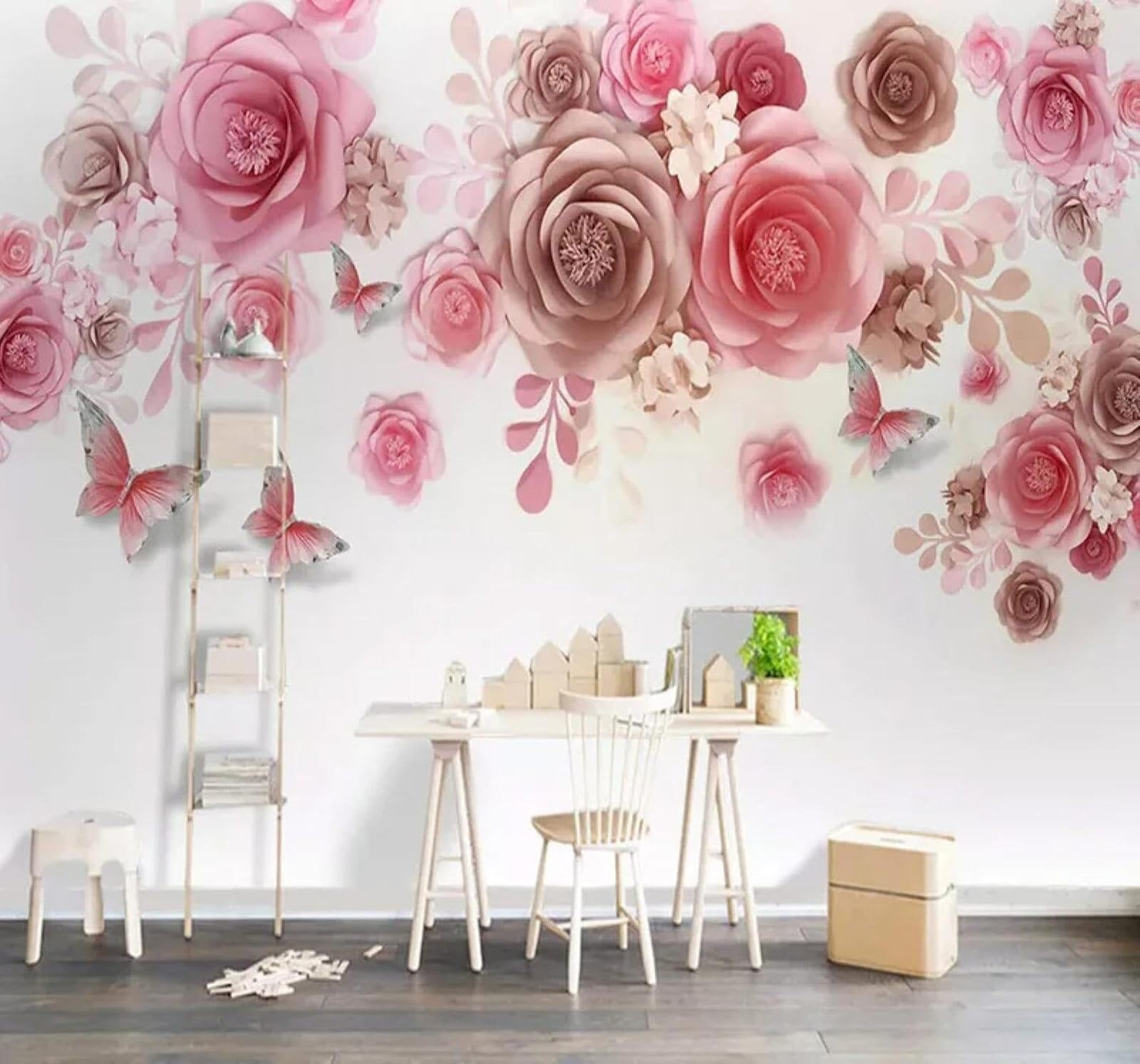 XLMING Hand Drawn Romantic Pink Roses Butterflies 3D Wallpaper Luxury Home Dining Decor Paste Sofa Living Room The Wall for Bedroom Mural-350cm×256cm