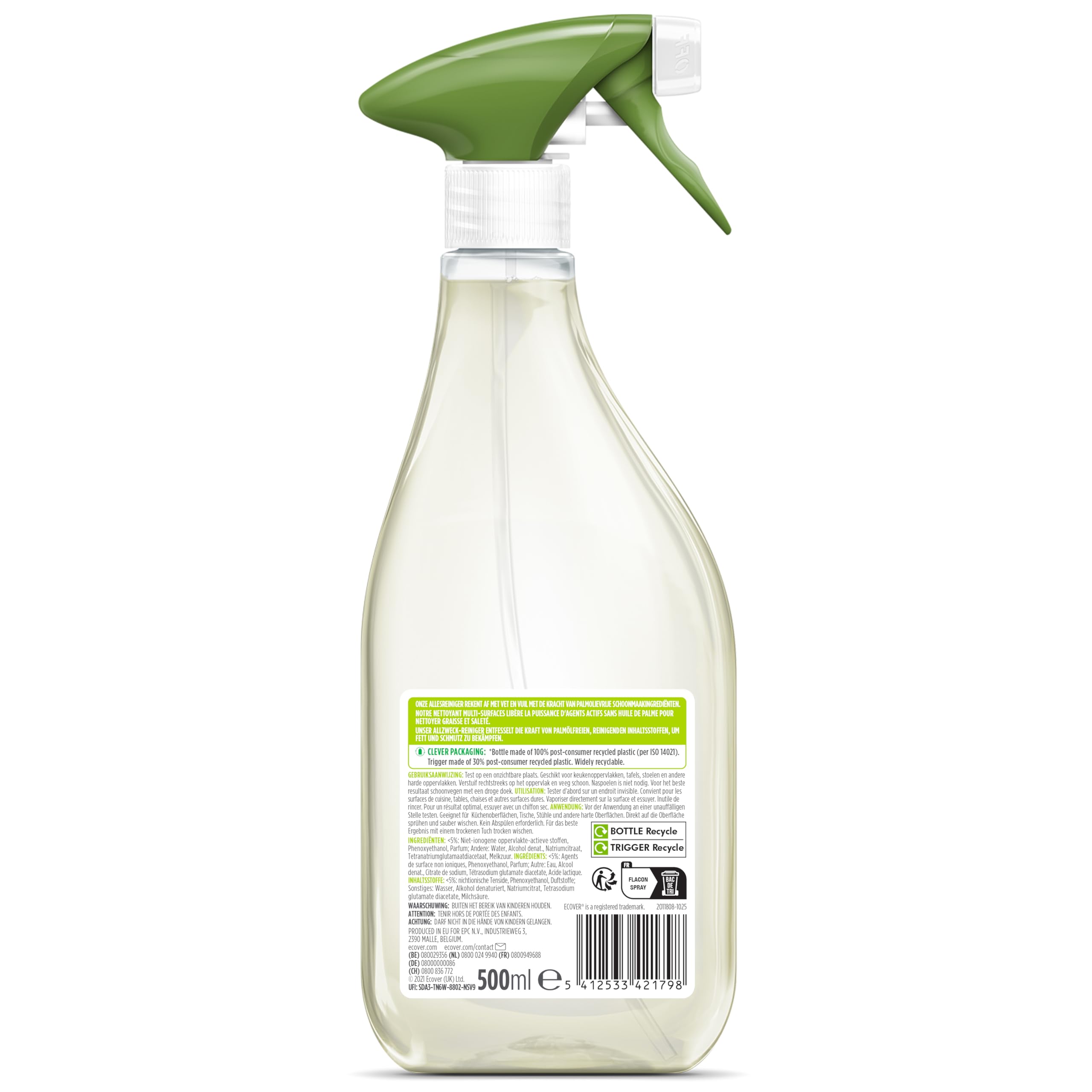 Ecover Limpiador multiusos en aerosol, limpieza eficaz para todas las superficies, aroma a citronela y naranja, elimina la suciedad y la mugre, 500 ml