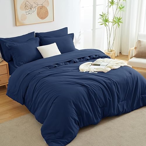 HIMEET Full Size Comforter Sets - 7 Pieces Navy Bed in a Bag, Soft Lightweight Bedding Set, All Season Bed Set with Comforter, Flat Sheet, Fitted Sheet, Pillowcases & Pillow Shams
