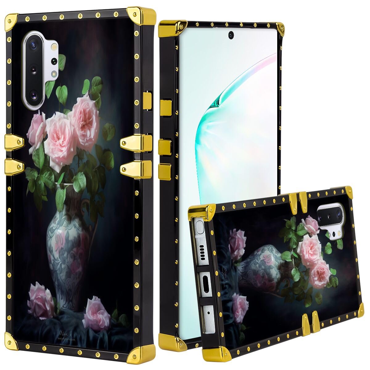 SHENCANG BLUEDesigned Phone Case for Samsung Galaxy Note 10+ Rose Designer Art116 Design Black Frame Smartphone Cover Soft TPU Shockproof Mobile Phone Case