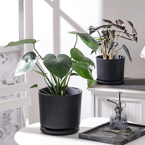 Miniatura 5 de UMIAMOY Maceta cilíndrica de cerámica de 9.3 pulgadas, maceta para plantas de interior y exterior, flores, maceta de cerámica con orificio de