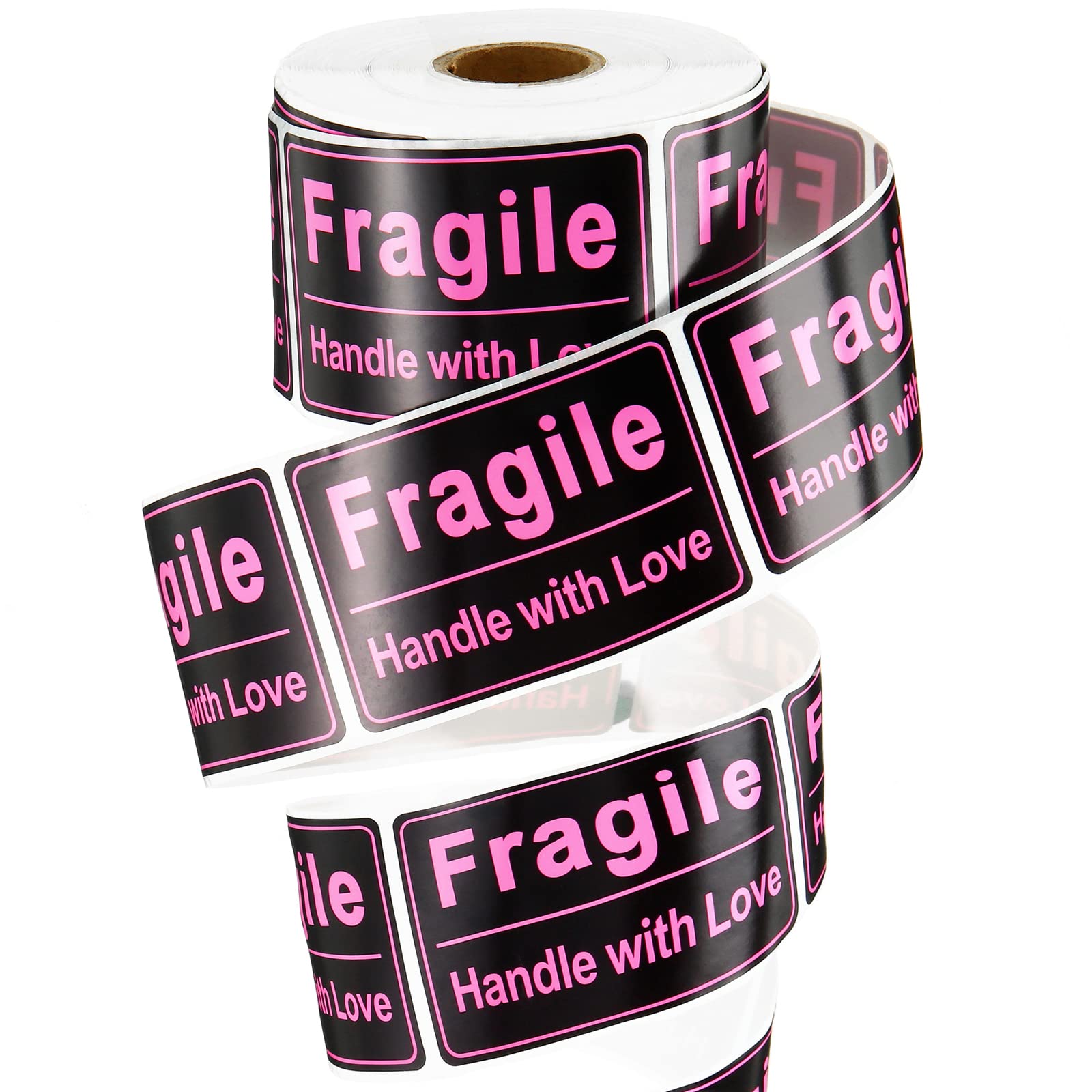 Outus 500 Pieces 2 x 3 Inch Pink Fragile Stickers for Shipping Sweet Cool Fragile Stickers Black Pink Self-Adhesive Handle with Love Labels for