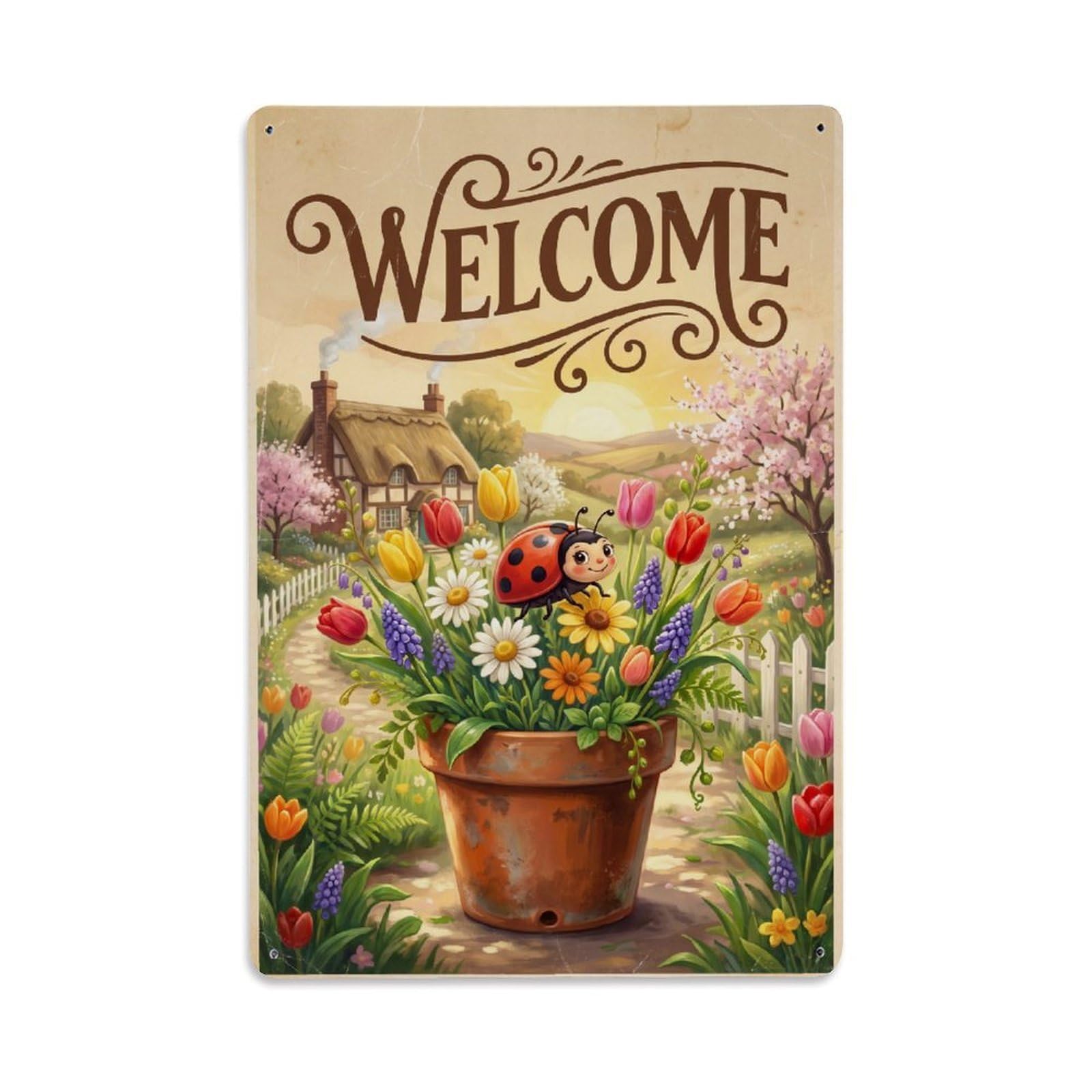 Cxhjca 8X12inch(20X30cm) [Vintage Welcome] Ladybug Flower Basket Metal Tin Sign