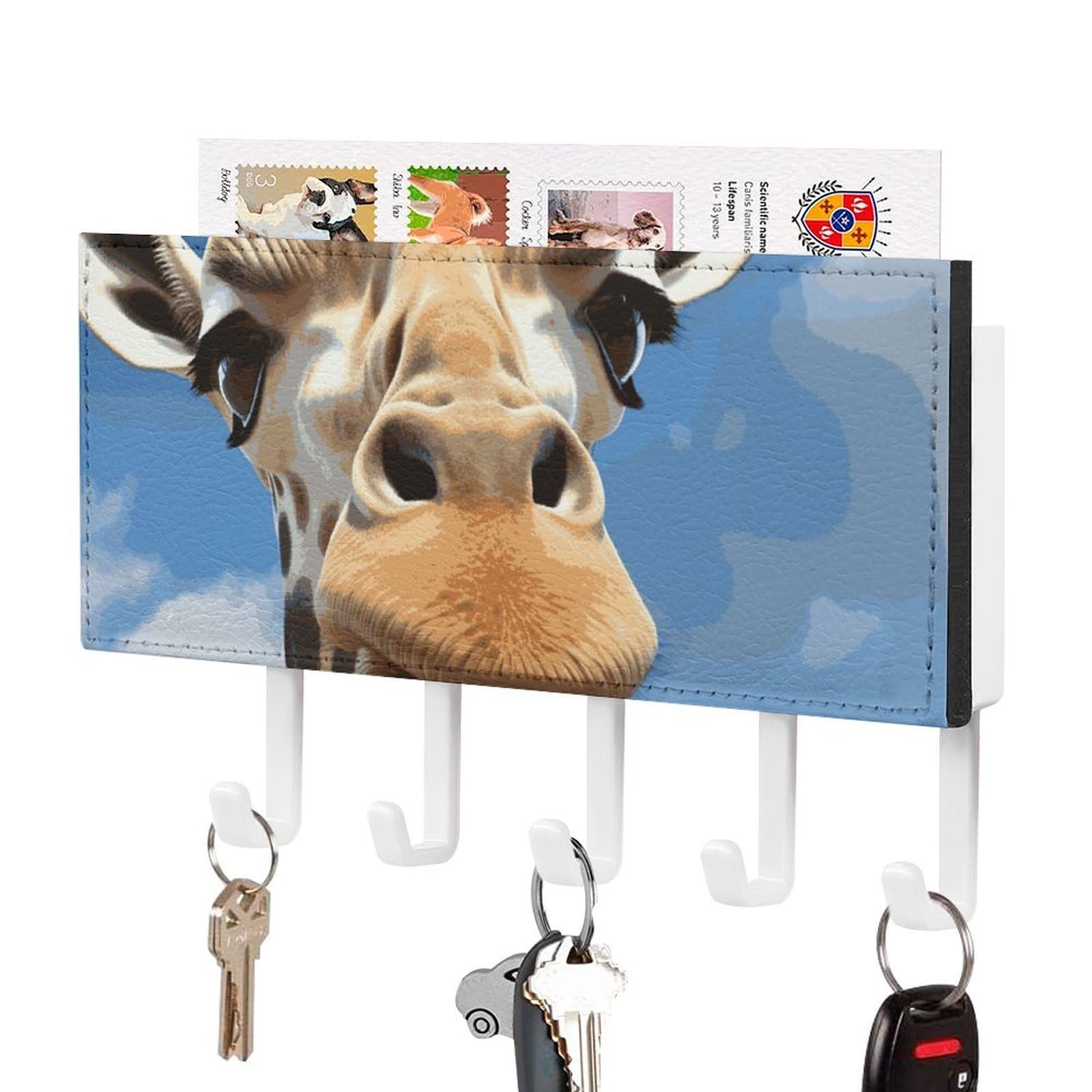 JTREHY Funny Giraffe Holder Wall-Mounted Key and Mail Holder,Key Rack with 5Keys Hooks, Easy to Install Mail Organizer for Entryway, Front Door, Hallway, Office