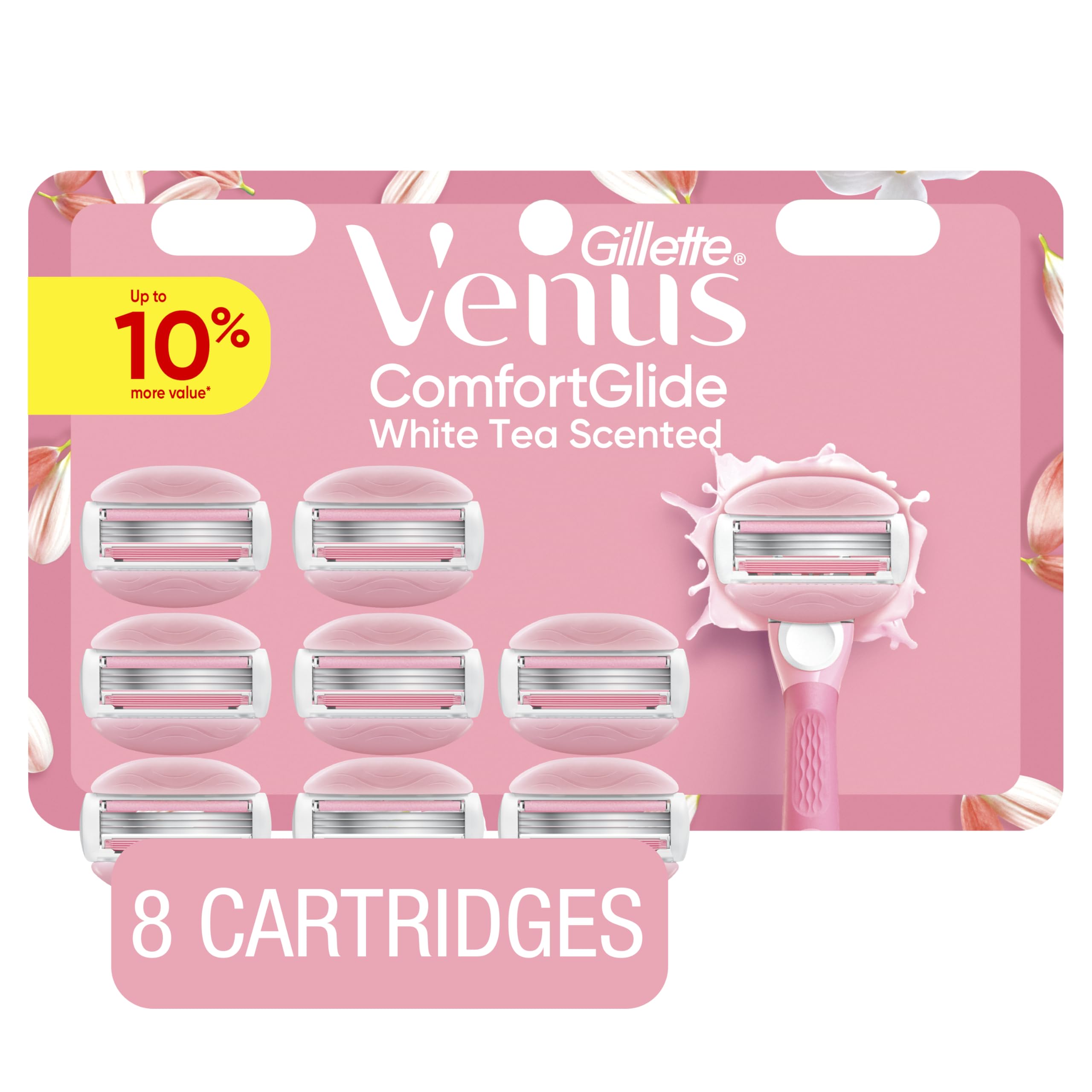 Venus ComfortGlide White Tea Women's Razor Blades, with Built-in Shave Gel Bars, 8 Razor Blade Refills
