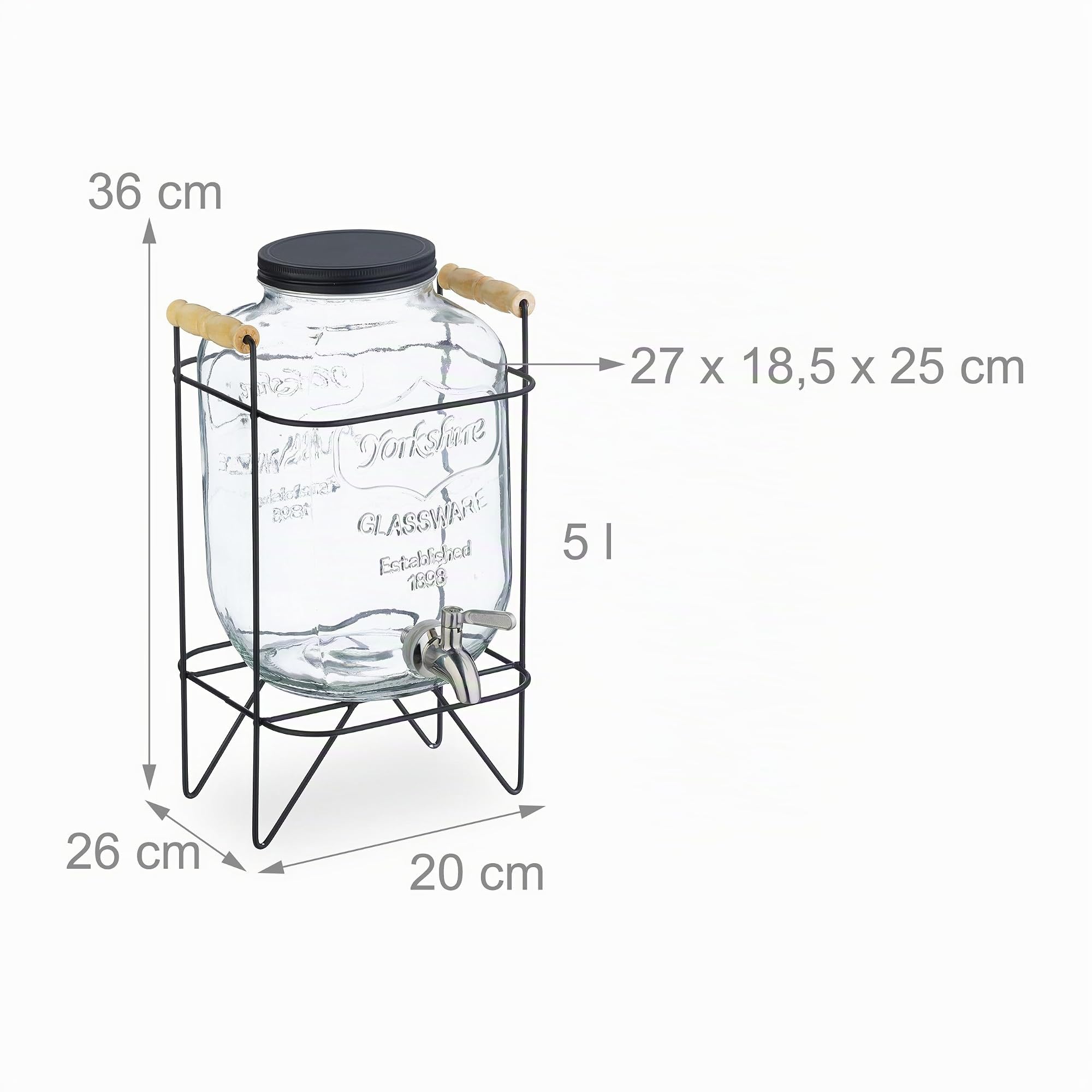 Relaxdays Dispensador Bebidas con Soporte, Recipiente Limonada 5 L, Grifo Acero Inoxidable y Tapa, Cristal, Transparente
