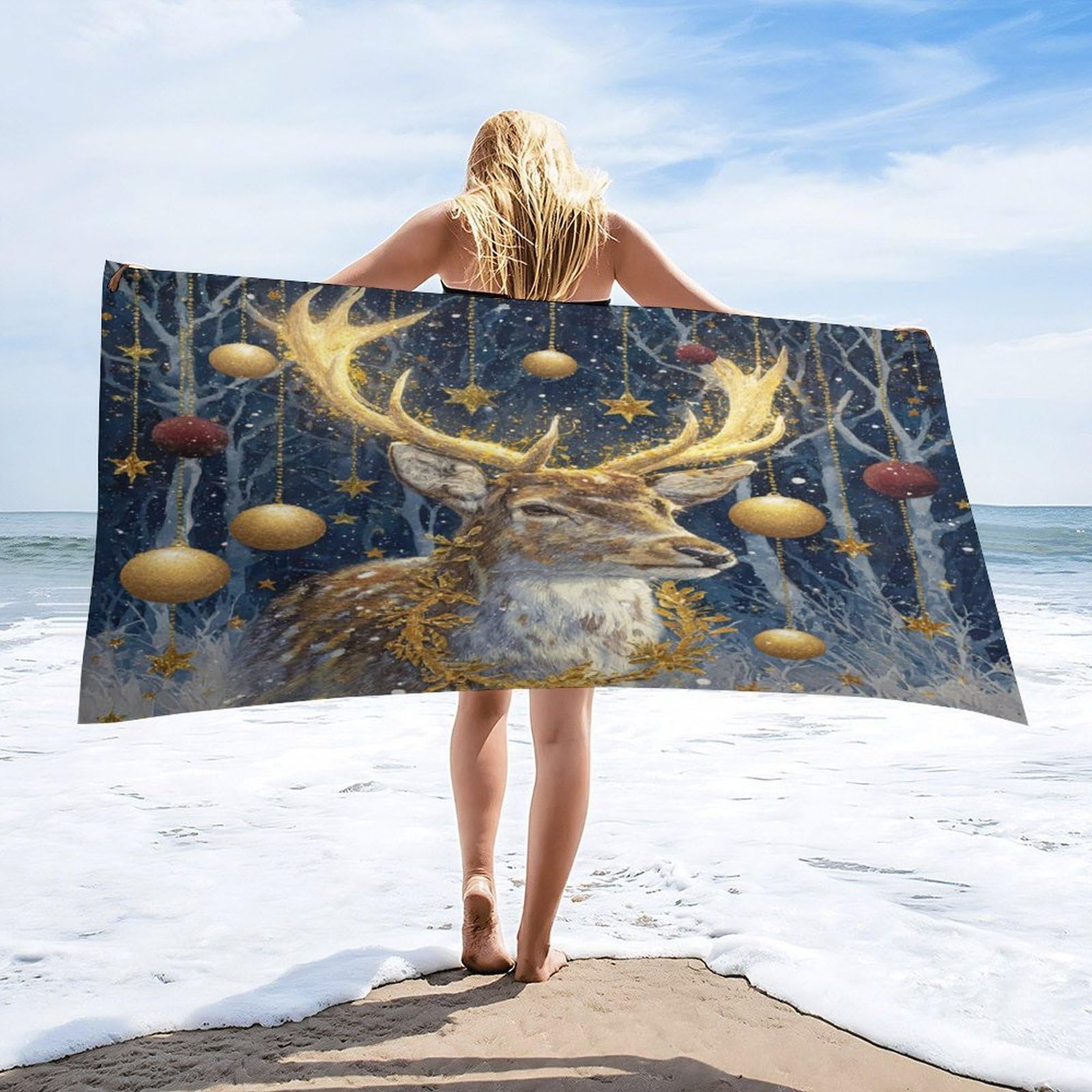 LUYYSKY Classic Aesthetic Animal Elk Quick-Drying Beach Towel, Vintage Rustic Merry Christmas Winter Snowy Scenery Wildlife Deer Travel Vacation Single Sided Pile Bathroom Towels-80 W cm x 160" L cm