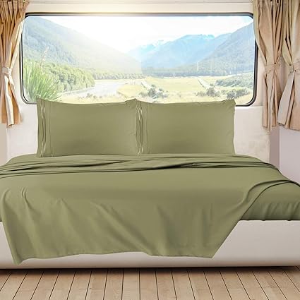 Nestl Sage Green Short Queen Sheets for RV, Hotel Luxury RV Queen Sheets Set, 6 Piece Fitted Bed Sheet Set and Pillowcases, Super Soft, Wrinkle-Free, and Breathable Camper Bedding