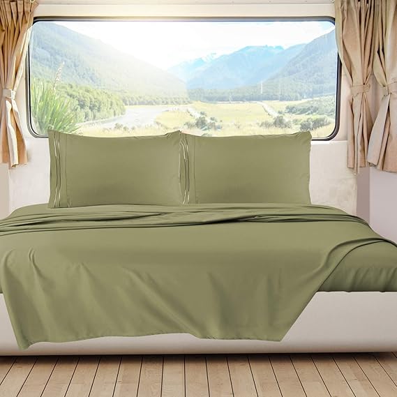 Nestl Sage Green Short Queen Sheets for RV, Hotel Luxury RV Queen Sheets Set, 6 Piece Fitted Bed Sheet Set and Pillowcases, Super Soft, Wrinkle-Free, and Breathable Camper Bedding
