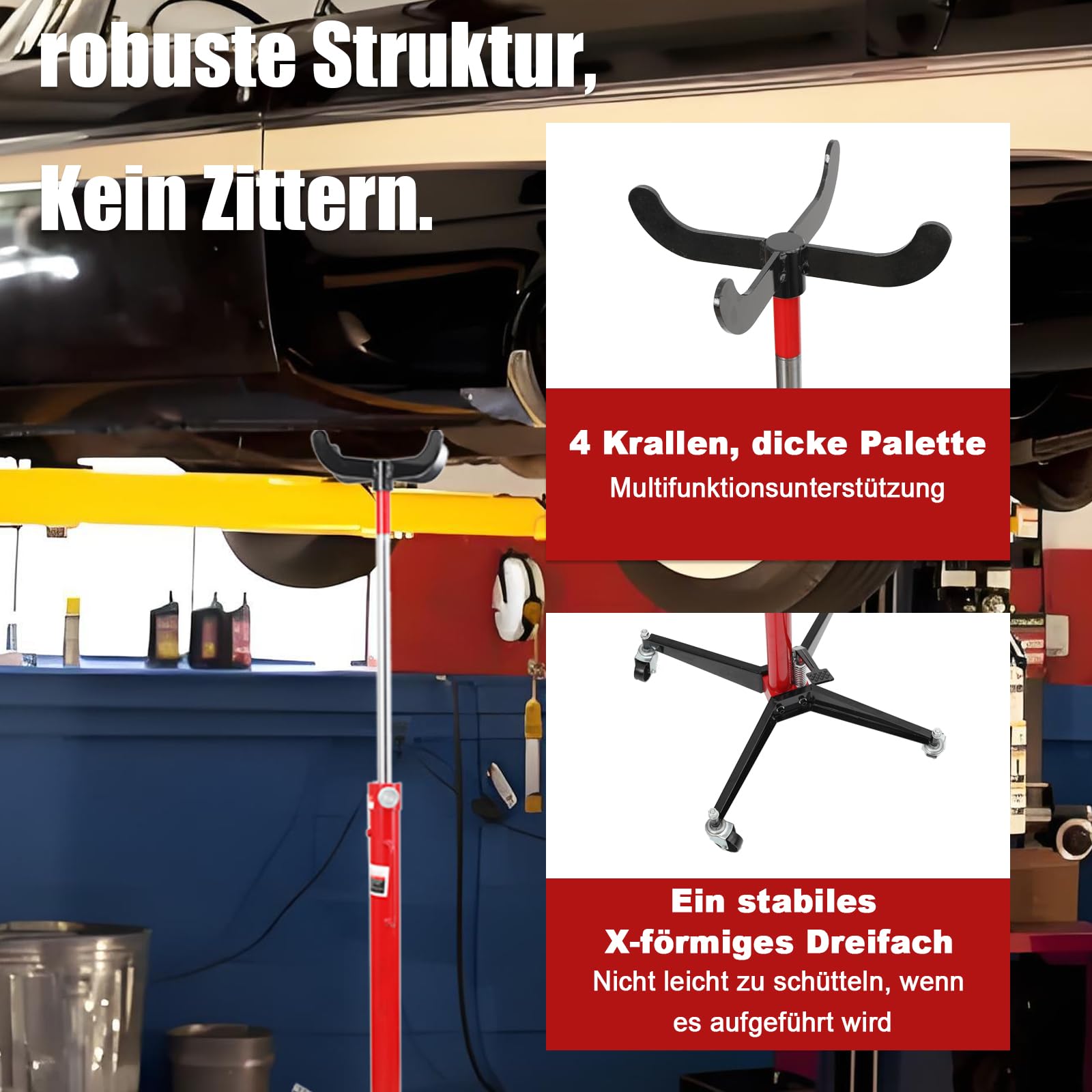 Getriebeheber hydraulisch, 500kg Hydraulik Motorheber, 113-186cm Hubhöhe | 4 Lenkrollen, stufenlos regulierbar, Mobiler Hydraulischer Getriebeheber für Kfz und LKW