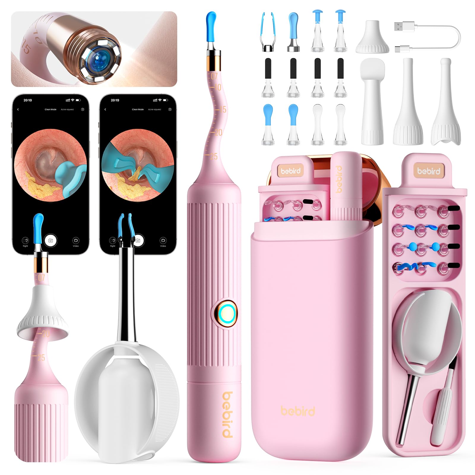Bebird Pro Earsight Plus Otoscope, nettoyeur d'oreilles HD 1920p avec caméra, lumière, étui portable, rose