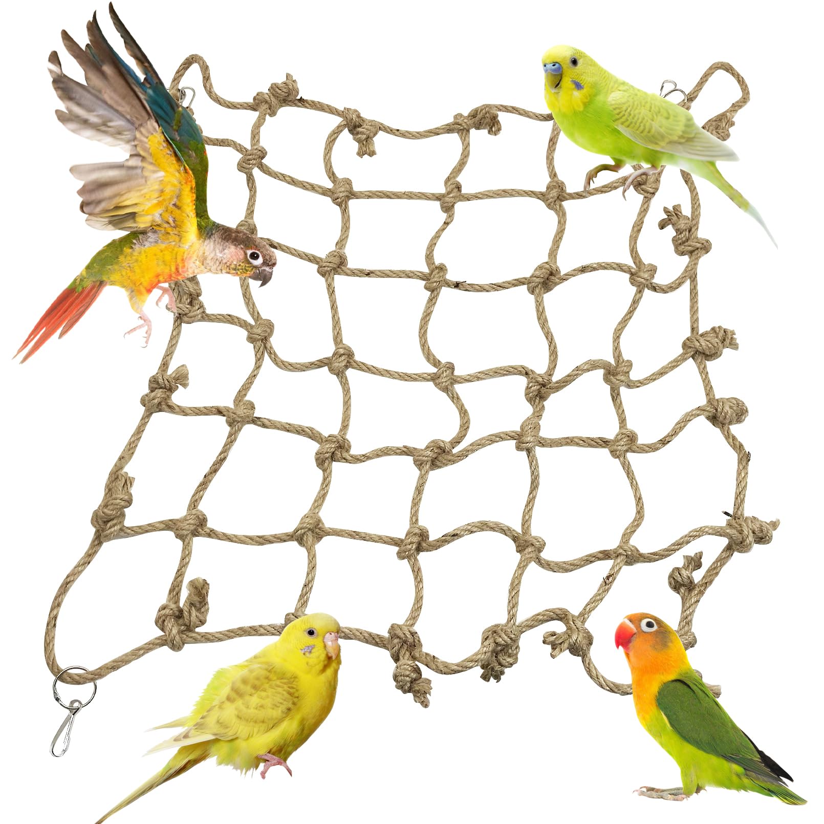 Tfwadmx Red de cuerda natural para pájaros, tamaño grande – 24 x 24 pulgadas, hamaca para loros, escalera de escalada para pájaros, juguetes masticables para periquitos, guacamayos, conure, pinza,