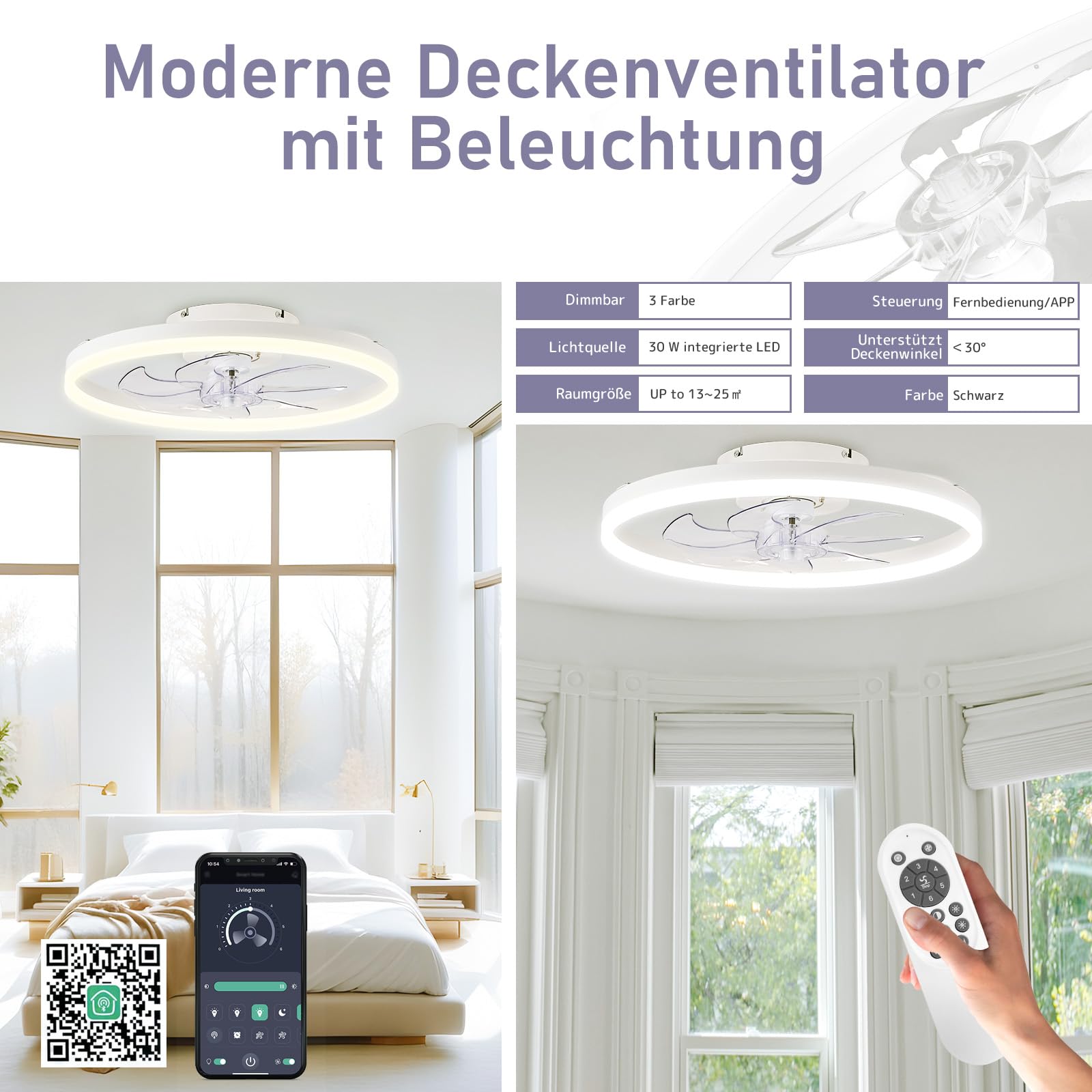 LES FLEURS Deckenventilator mit Beleuchtung, 50cm Smart-LED-Deckenleuchte mit Ventilator, Dimmbare Deckenventilatoren mit Beleuchtung Fernbedienung, für Wohnzimmer und Schlafzimmer (Weiße)