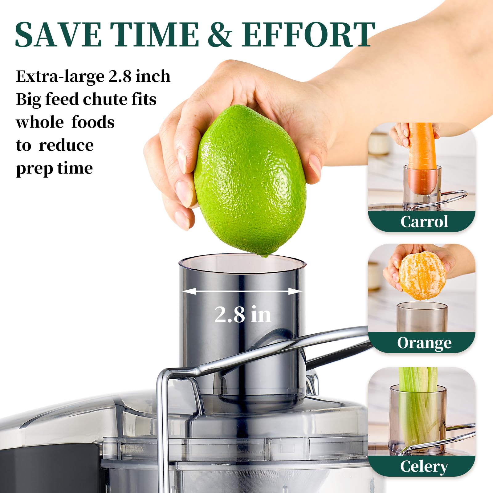 Exprimidores centrífugos, extractor de jugo de 800 W con canal de alimentación extra grande de 2.8 pulgadas, motor de cobre completo, filtro chapado en titanio, alto rendimiento de jugo, doble 3