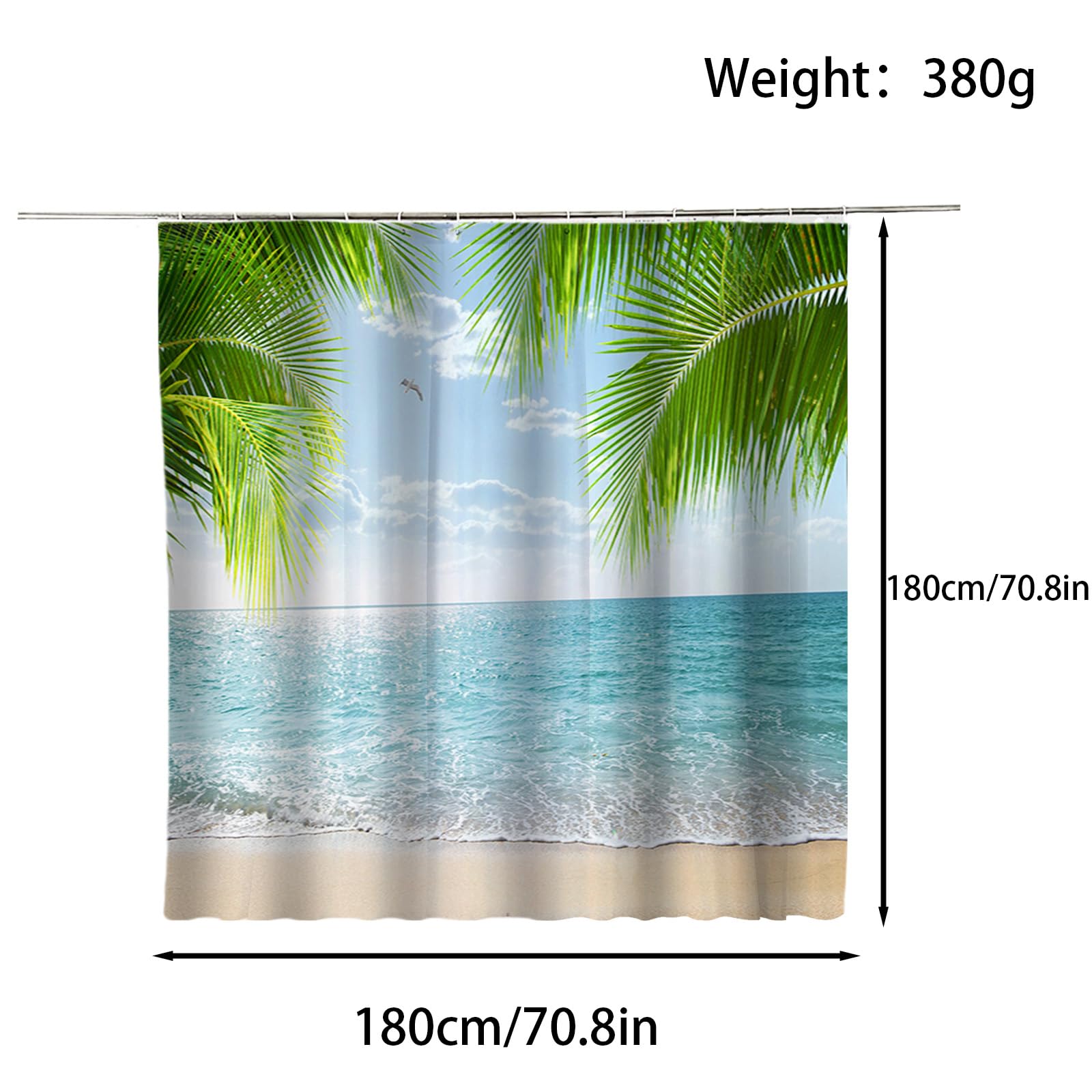 FAIRYGATE Wet Room Shower Curtain Ocean Beach Shower Curtains Tropical Teal Sea Scenery Bathroom Blue Outdoor Palm Leaves Bath Curtain Mould Proof Resistant Washable Waterproof B8817 - Image 2